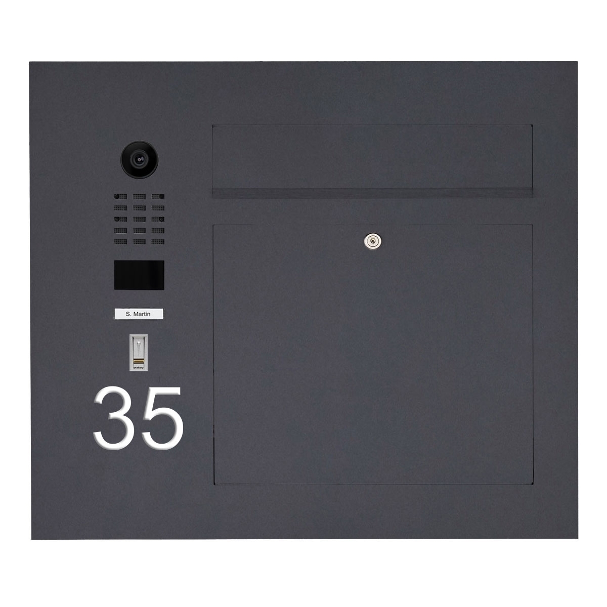 Stainless steel free-standing letterbox designer model BIG ST-R with DoorBird video intercom system on the side - RAL of your choice Stainless steel free-standing letterbox designer model BIG ST-R with DoorBird video intercom system on the side - RAL of your choice