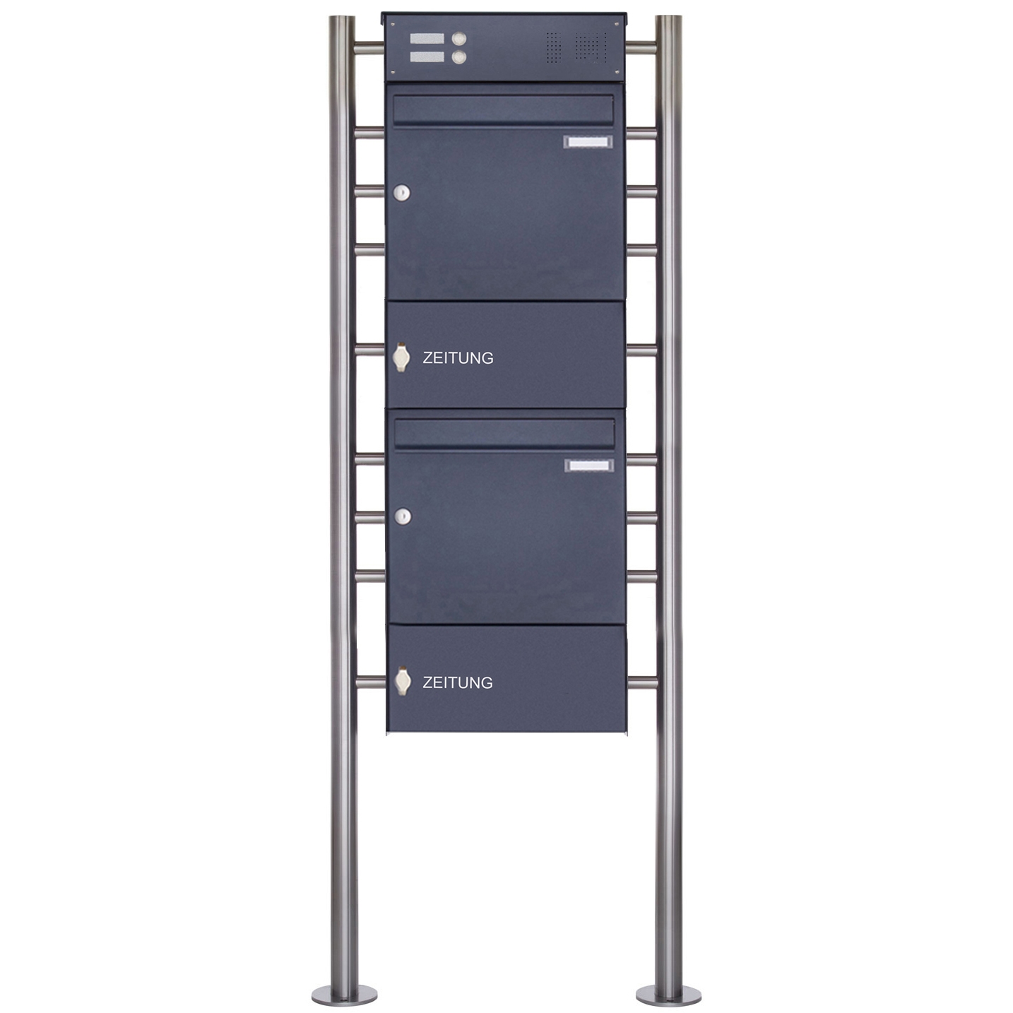 2-piece stainless steel free-standing letterbox Design BASIC Plus 381X ST-R with bell box & newspaper compartment - RAL 2-piece stainless steel free-standing letterbox Design BASIC Plus 381X ST-R with bell box & newspaper compartment - RAL