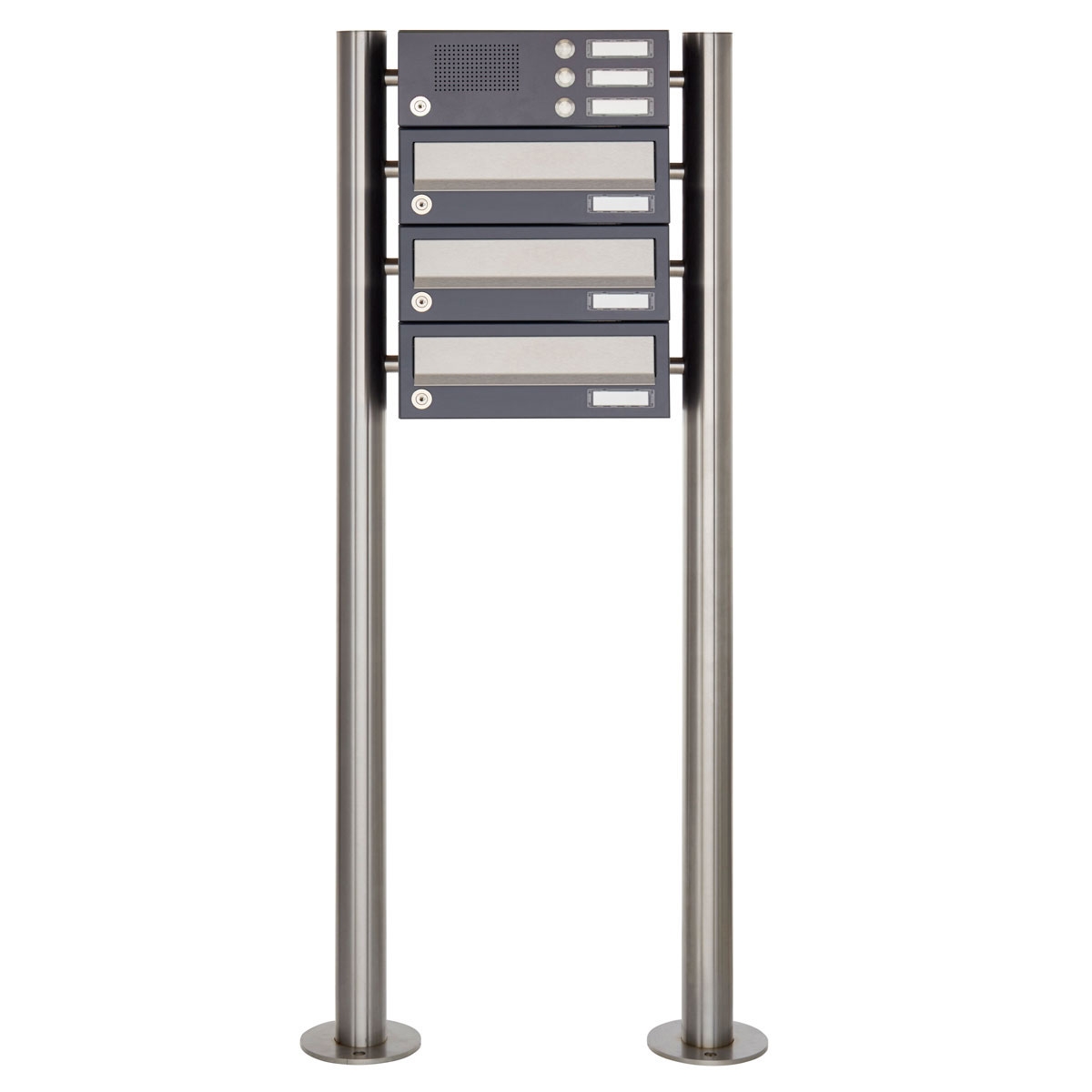 3-post letterbox design BASIC 385 ST-R with bell box - stainless steel RAL 7016 anthracite grey