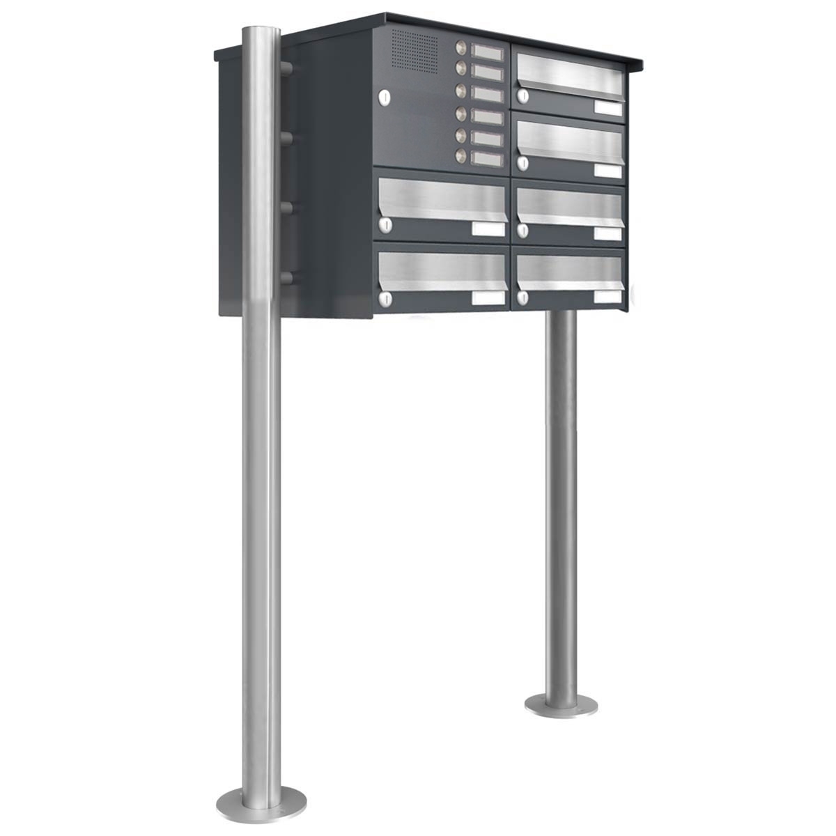 6er Standbriefkasten Design BASIC 385 ST-R mit Klingelkasten - Edelstahl-RAL 7016 anthrazitgrau
