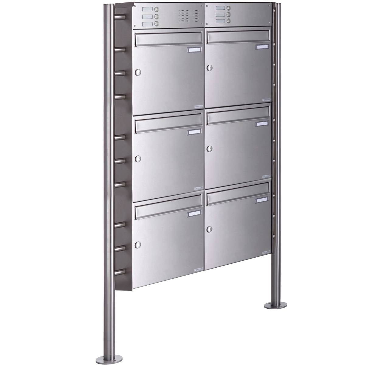 6er Standbriefkasten Design BASIC Plus 381X ST-R mit Klingelkasten - Edelstahl V2A geschliffen