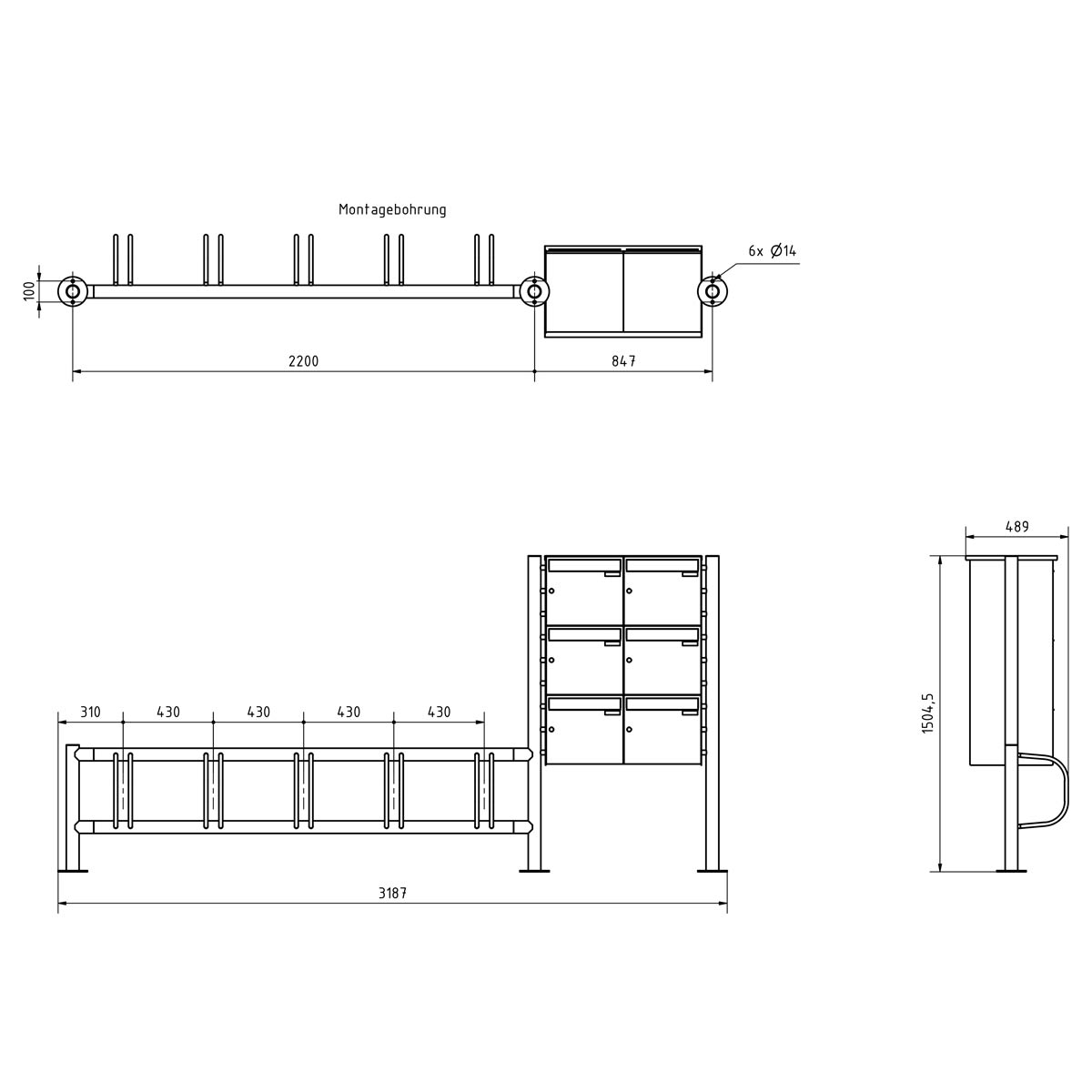 97bac38a64a3545b80564ce8173b1df1eca62ec4 5-unit stainless steel bicycle rack ACHIM with 6x lockers - polished V2A stainless steel