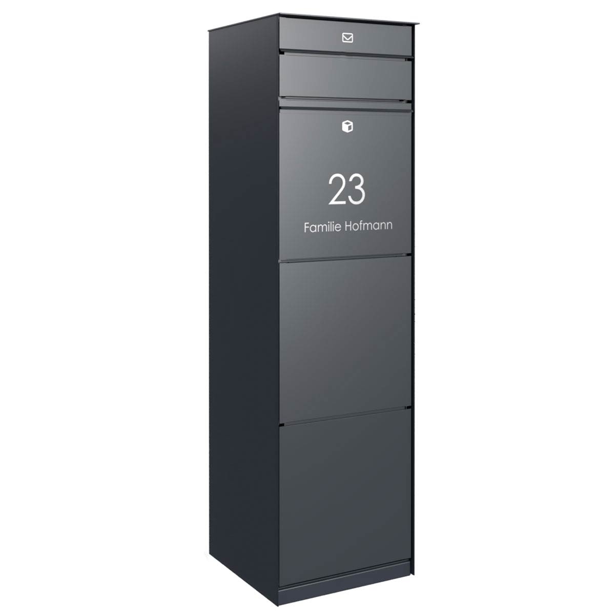 Freestanding design parcel box GOETHE with 1 letterbox and rear removal - lock system - RAL of your choice Freestanding design parcel box GOETHE with 1 letterbox and rear removal - lock system - RAL of your choice