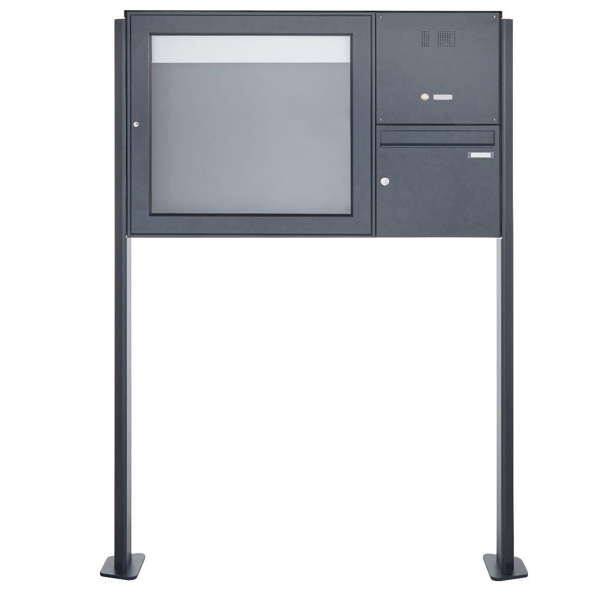Standbriefkasten mit Schaukasten BASIC Plus 389X ST-T mit Klingelkasten - 710x660 - RAL nach Wahl Standbriefkasten mit Schaukasten BASIC Plus 389X ST-T mit Klingelkasten - 710x660 - RAL nach Wahl