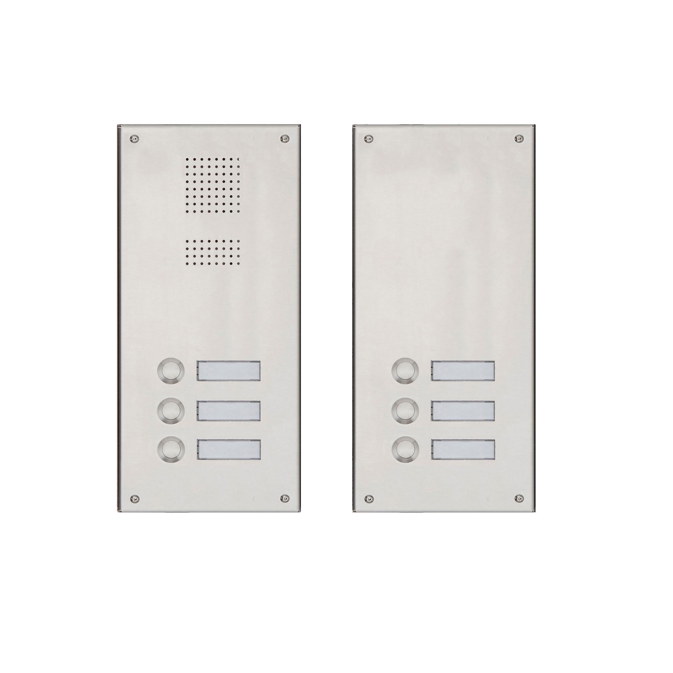 2 Edelstahl-Blenden 170x330 für 6 Parteien m. Sprechlochung - Geschliffen 2 Edelstahl-Blenden 170x330 für 6 Parteien m. Sprechlochung - Geschliffen