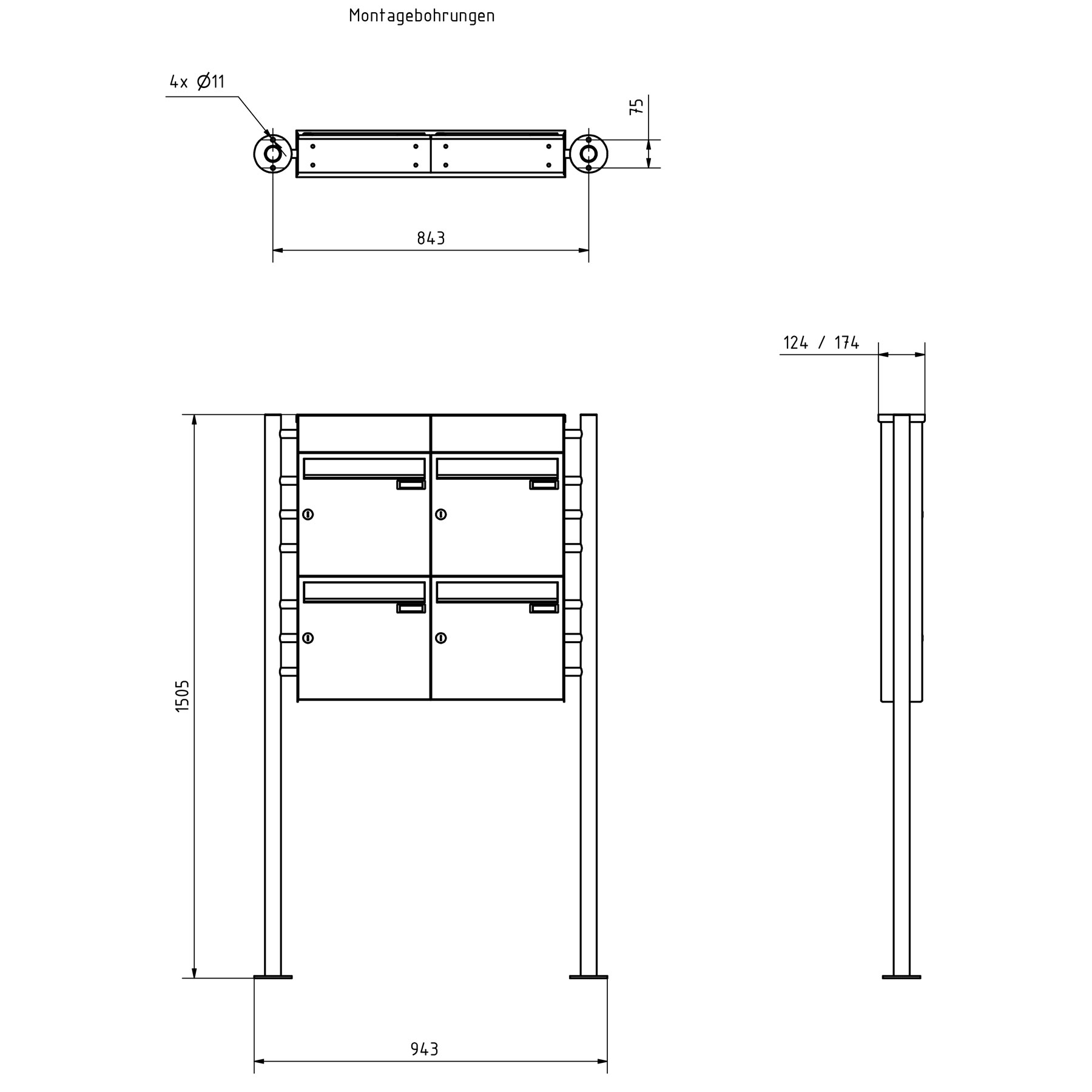 4er Standbriefkasten Design BASIC Plus 381X ST-R mit Klingelkasten - Edelstahl V2A geschliffen