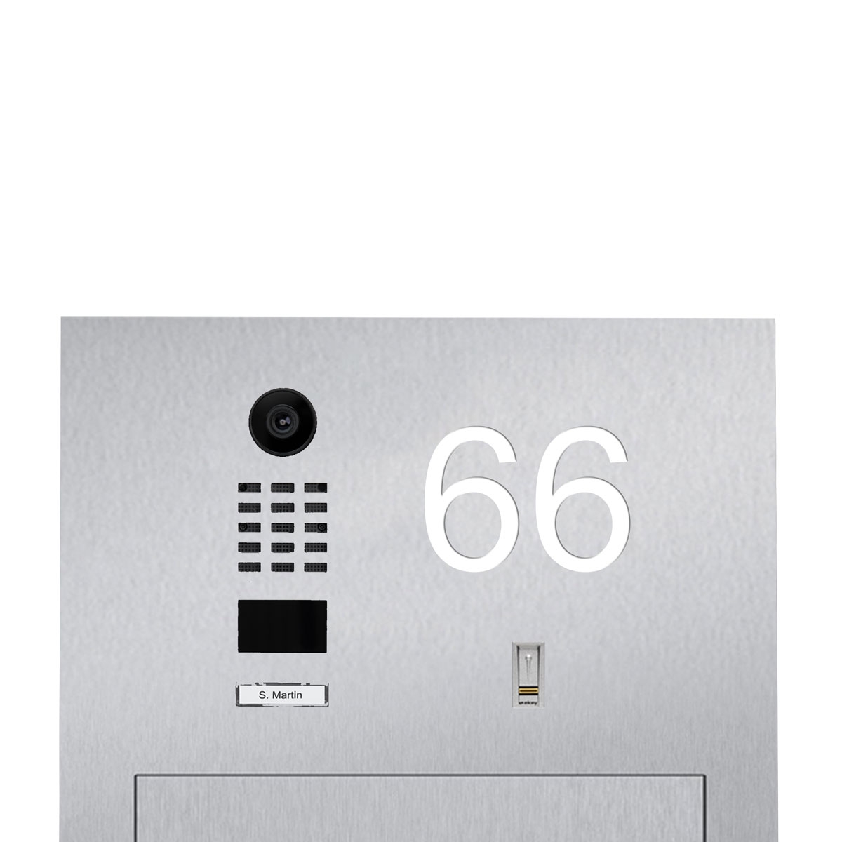 Edelstahl Mauerdurchwurfbriefkasten GRIMM mit DoorBird Video- Sprechanlage Edelstahl Mauerdurchwurfbriefkasten GRIMM mit DoorBird Video- Sprechanlage