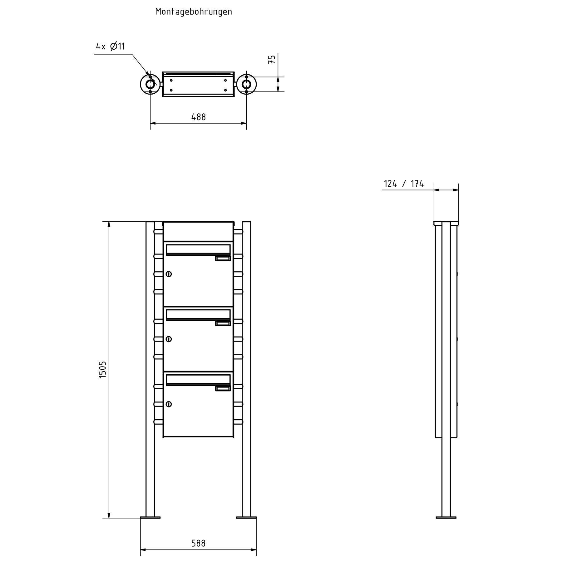 3er 3x1 stainless steel free-standing letterbox Design BASIC Plus 381X ST-R with bell box - RAL of your choice