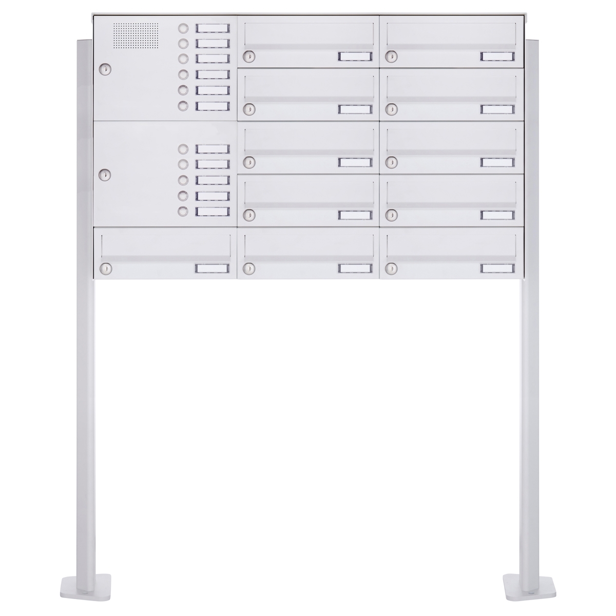 11er Standbriefkasten Design BASIC 385P-9016 ST-T mit Klingelkasten - RAL 9016 verkehrsweiß