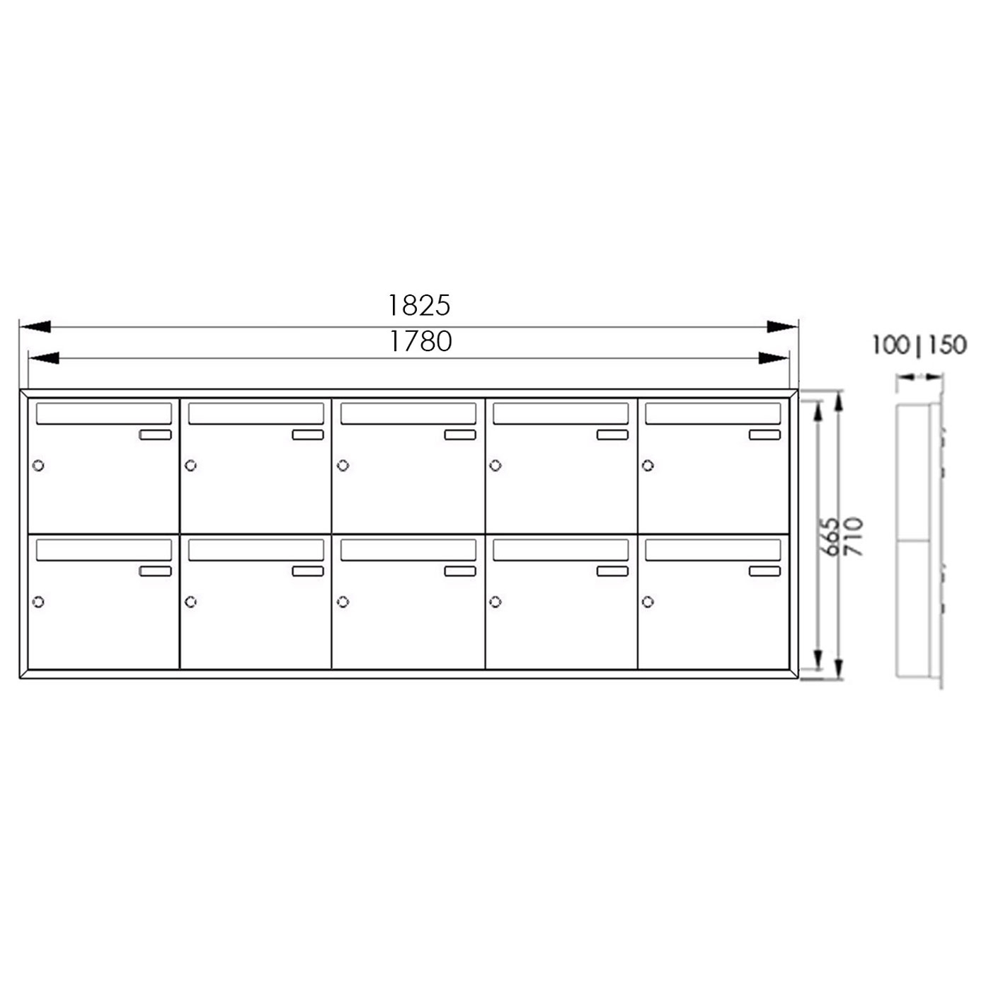 10er 5x2 Edelstahl Unterputz Briefkastenanlage BASIC Plus 382XU UP - Edelstahl geschliffen - 10 Parteien
