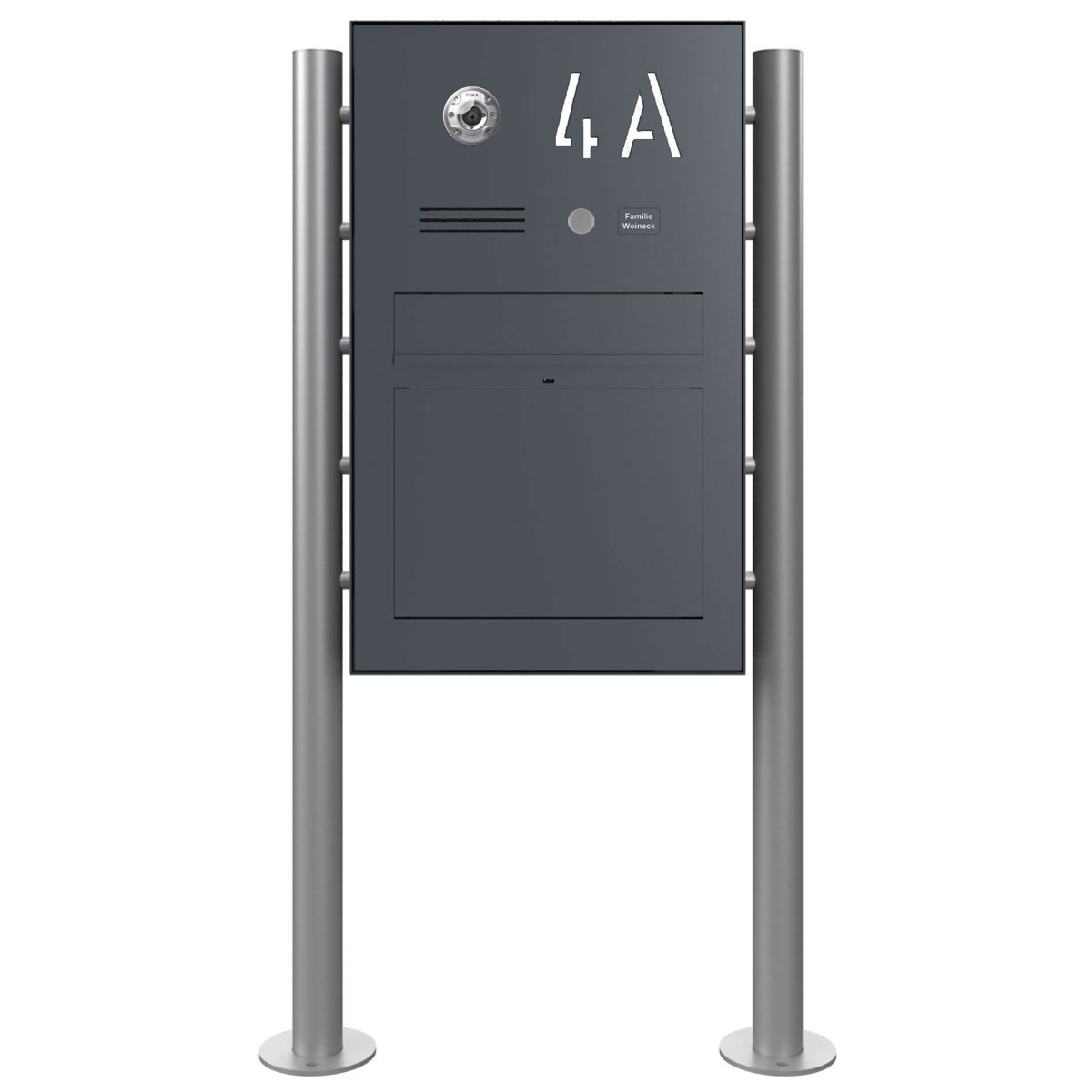 Design Standbriefkasten GRIMM – Farbe nach Wahl mit Vorbereitung für Kamera und Sprechanlage
