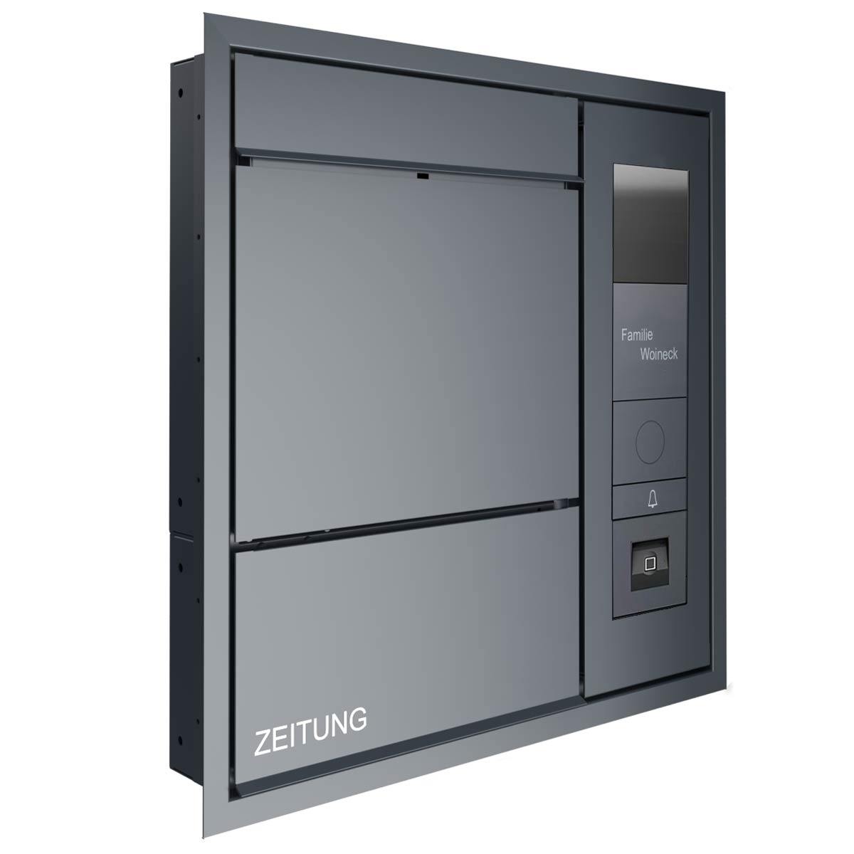 Design flush-mounted letterbox GOETHE UP lateral with newspaper compartment - RAL of your choice - GIRA System 106 Keyless In - VIDEO complete set Design flush-mounted letterbox GOETHE UP lateral with newspaper compartment - RAL of your choice - GIRA System 106 Keyless In - VIDEO complete set