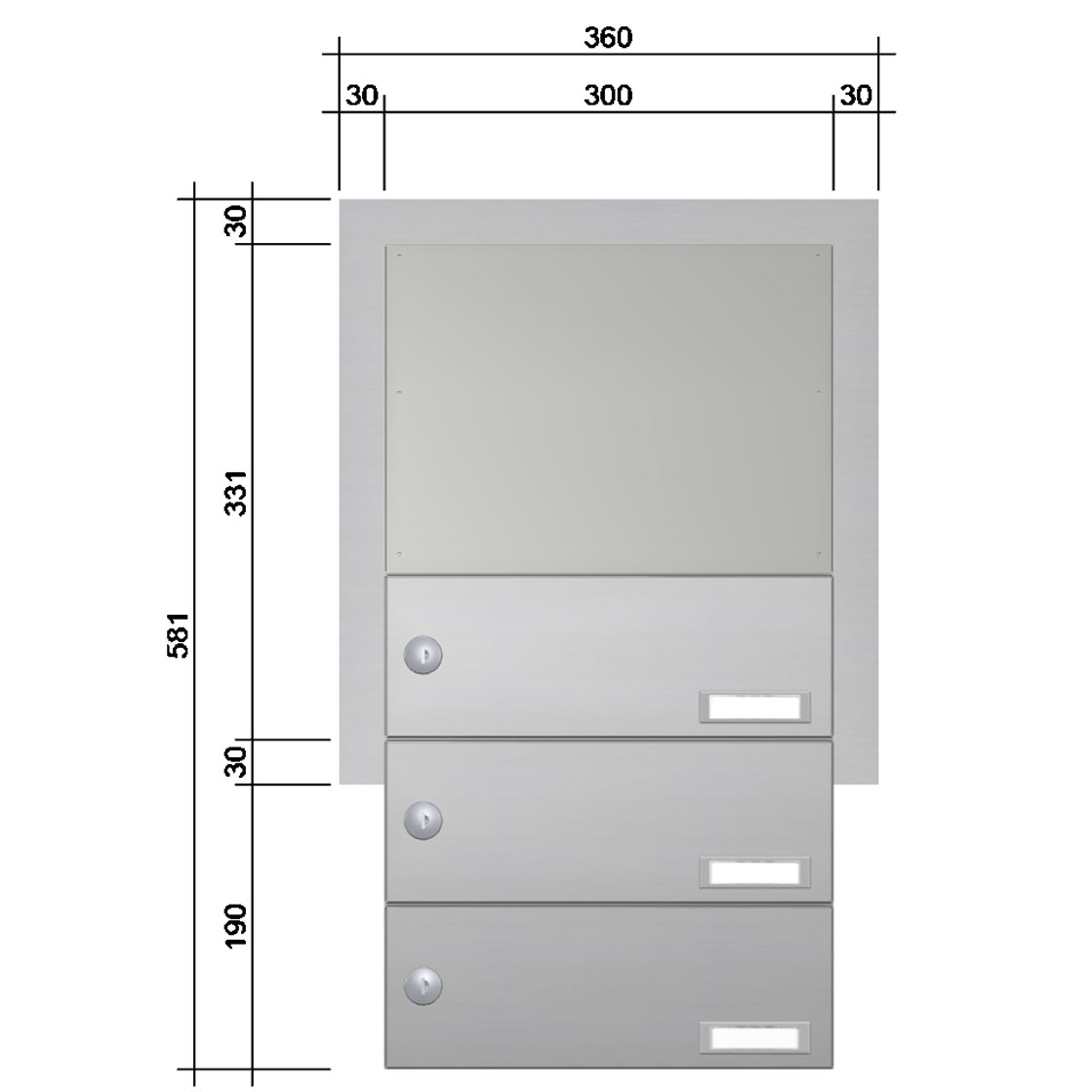 Mauerdurchwurf Briefkasten BASIC 622 - Edelstahl V2A geschliffen - 3 Parteien Mauerdurchwurf Briefkasten BASIC 622 - Edelstahl V2A geschliffen - 3 Parteien