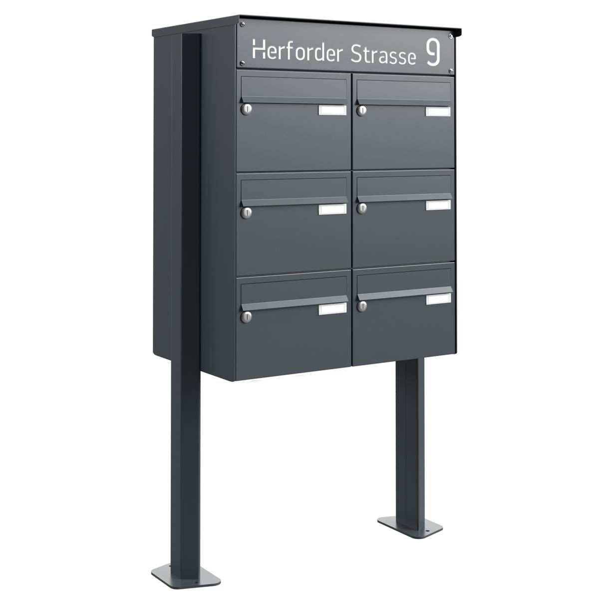 6er 2x3 Standbriefkastenanlage Design BASIC Plus 385XP ST-T - LED Beschriftung - RAL nach Wahl