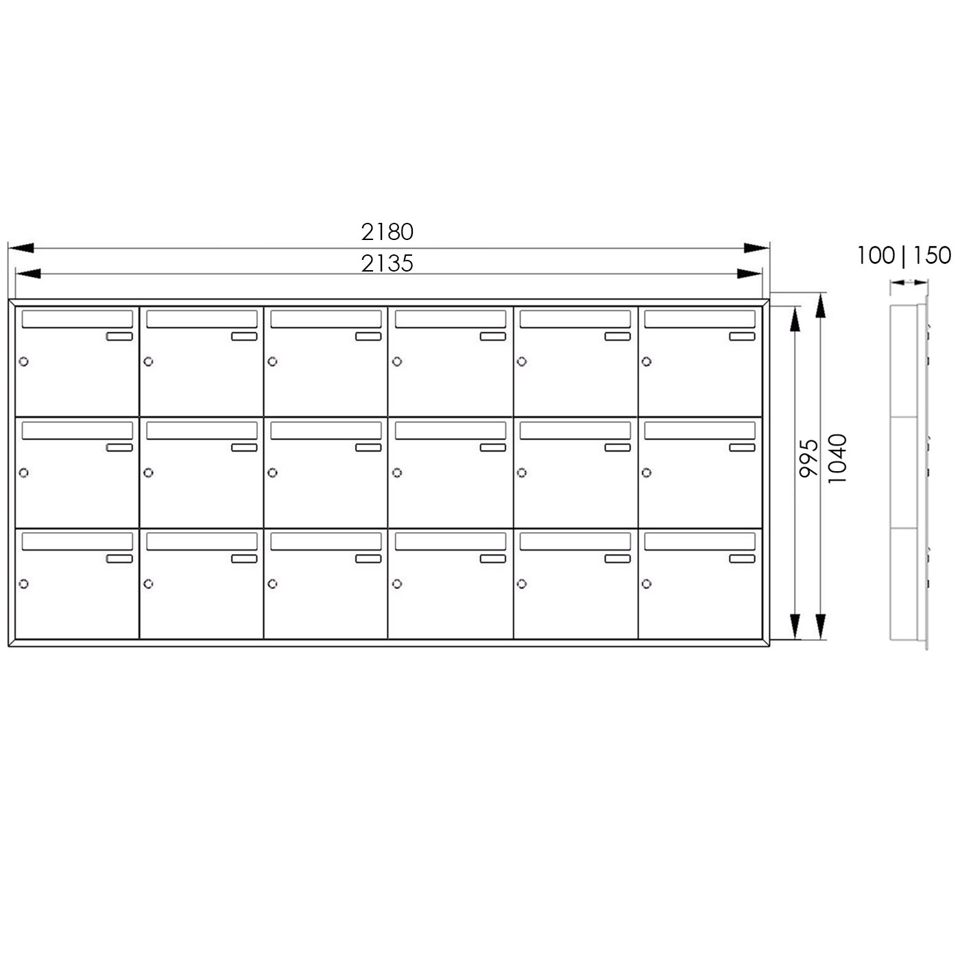 17 6x3 Sistema di cassette per le lettere da incasso in acciaio inox BASIC Plus 382XU UP - RAL a scelta - 17 parti
