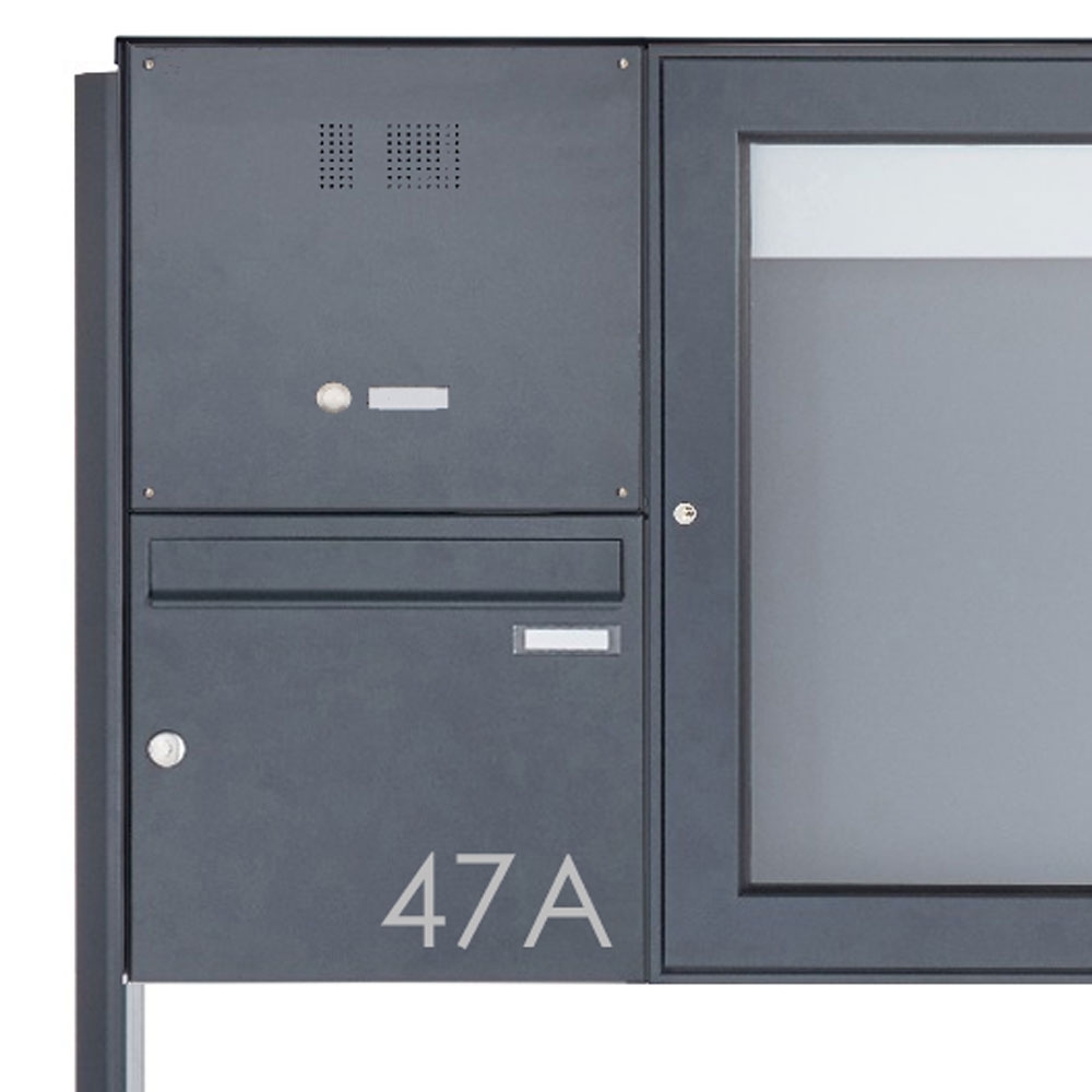Floor-standing letterbox with display case BASIC Plus 389X ST-T with bell box - 710x660 - RAL 7016 anthracite grey Floor-standing letterbox with display case BASIC Plus 389X ST-T with bell box - 710x660 - RAL 7016 anthracite grey