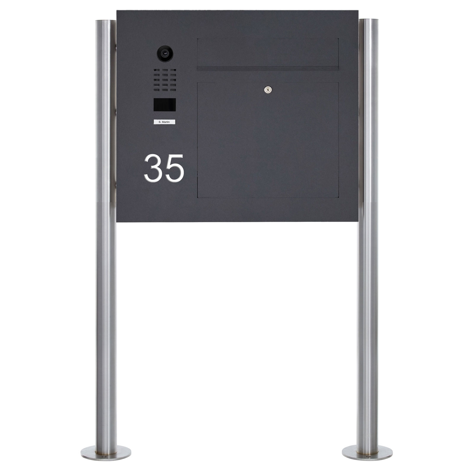 Roestvast stalen vrijstaande brievenbus design model BIG ST-R met DoorBird video intercom systeem aan de zijkant - RAL naar keuze