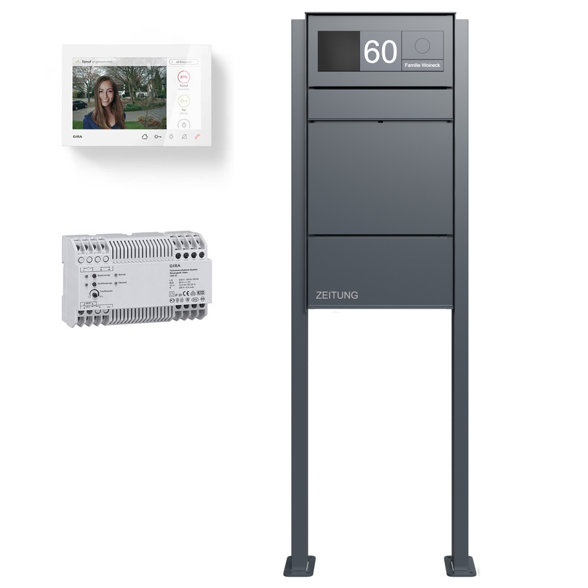 Design Standbriefkasten GOETHE ST-Q mit Zeitungsfach - RAL nach Wahl - GIRA System 106 - VIDEO Komplettset Design Standbriefkasten GOETHE ST-Q mit Zeitungsfach - RAL nach Wahl - GIRA System 106 - VIDEO Komplettset