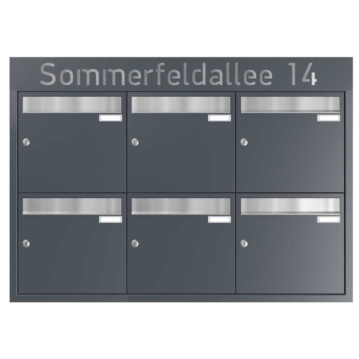 6er 3x2 flush-mounted letterbox system BASIC - Edition NELLY - BI-Color VA-RAL 7016 anthracite grey