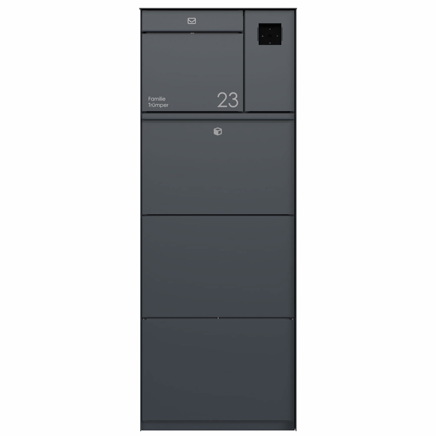 Freistehende XXL Paketbox GOETHE mit 1 Briefkasten und LOXONE Intercom/Code Touch 1x1 vorbereitet rechts - Schleusensystem - RAL nach Wahl