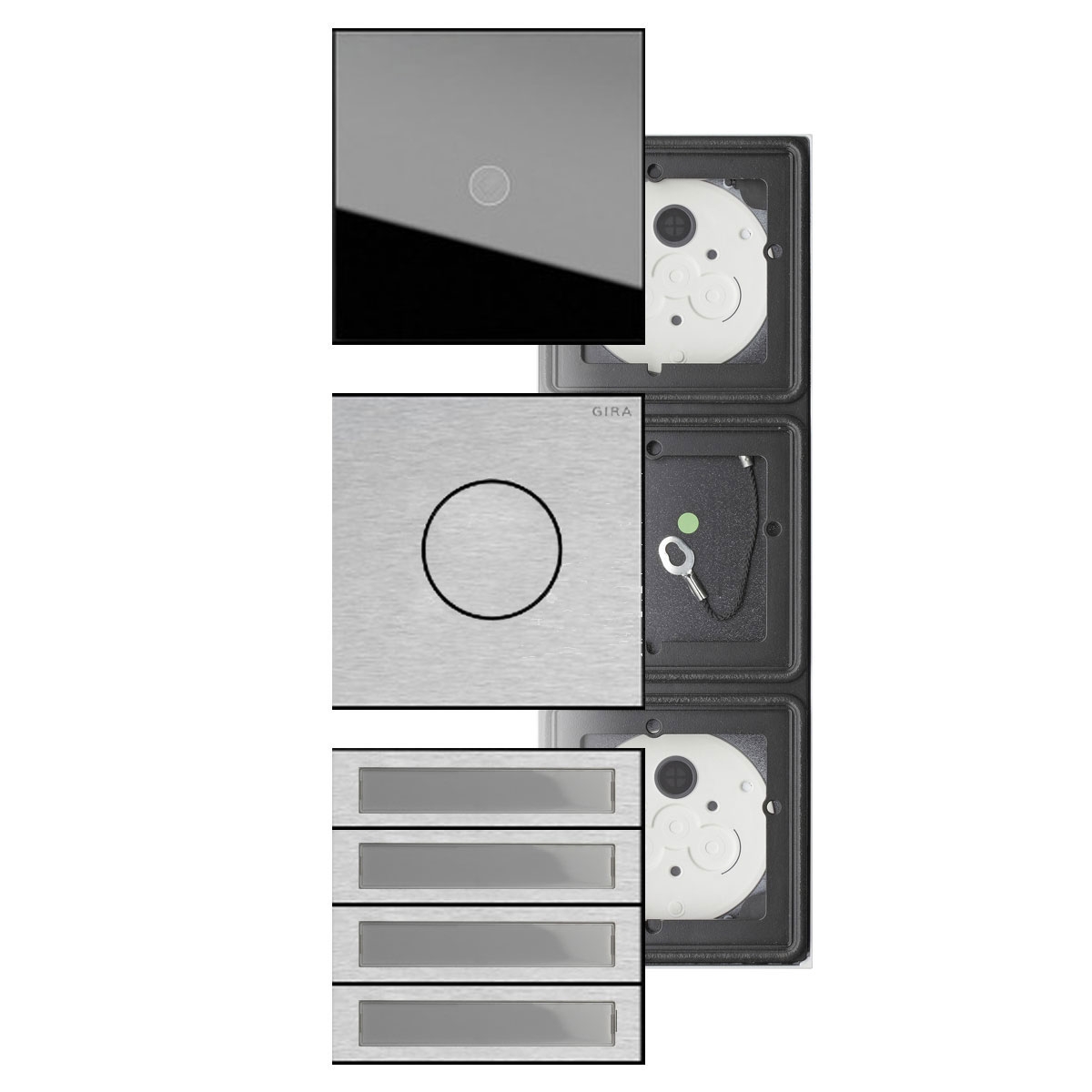 ef6033b335dc6b14d8064eb7dd8530c3179de1db Set van 3 GIRA System 106 - Roestvrij staal V2A - Camera-intercom met 4x beldrukkers