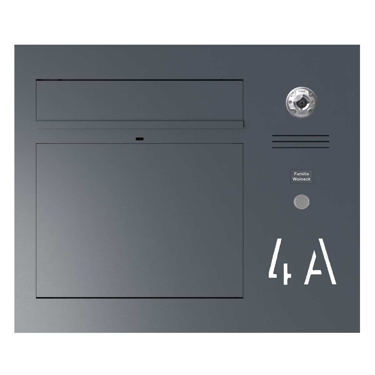 Design flush-mounted letterbox GRIMM - colour of your choice with preparation for camera and intercom system on the right Design flush-mounted letterbox GRIMM - colour of your choice with preparation for camera and intercom system on the right