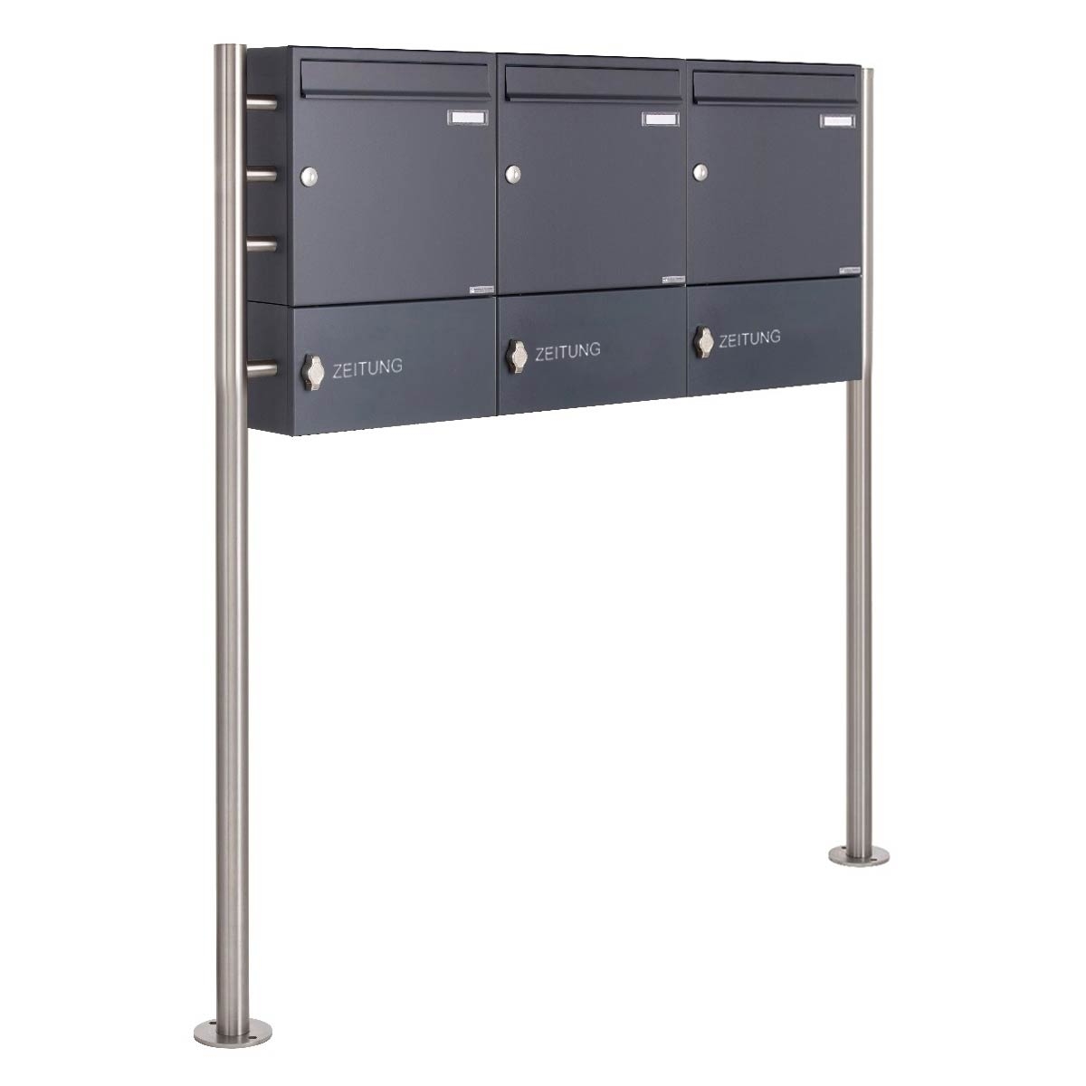 3er 1x3 letterbox Design BASIC 381 ST-R with newspaper compartment closed - RAL 7016 anthracite grey 3er 1x3 letterbox Design BASIC 381 ST-R with newspaper compartment closed - RAL 7016 anthracite grey