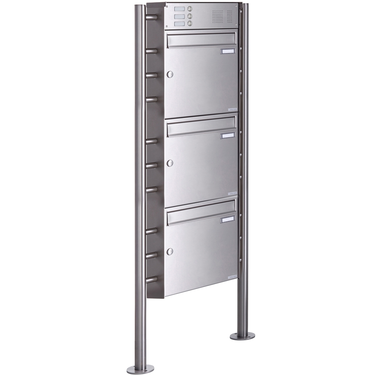 3er Standbriefkasten Design BASIC Plus 381X ST-R mit Klingelkasten - Edelstahl V2A geschliffen
