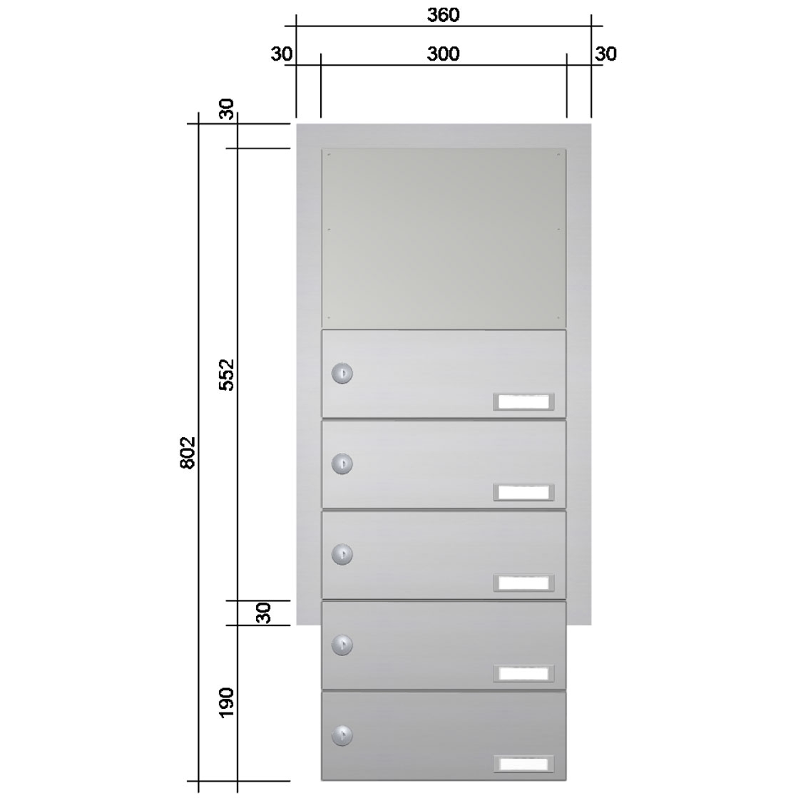 Mauerdurchwurf Briefkasten BASIC 622 - Edelstahl V2A geschliffen - 6 Parteien Mauerdurchwurf Briefkasten BASIC 622 - Edelstahl V2A geschliffen - 6 Parteien