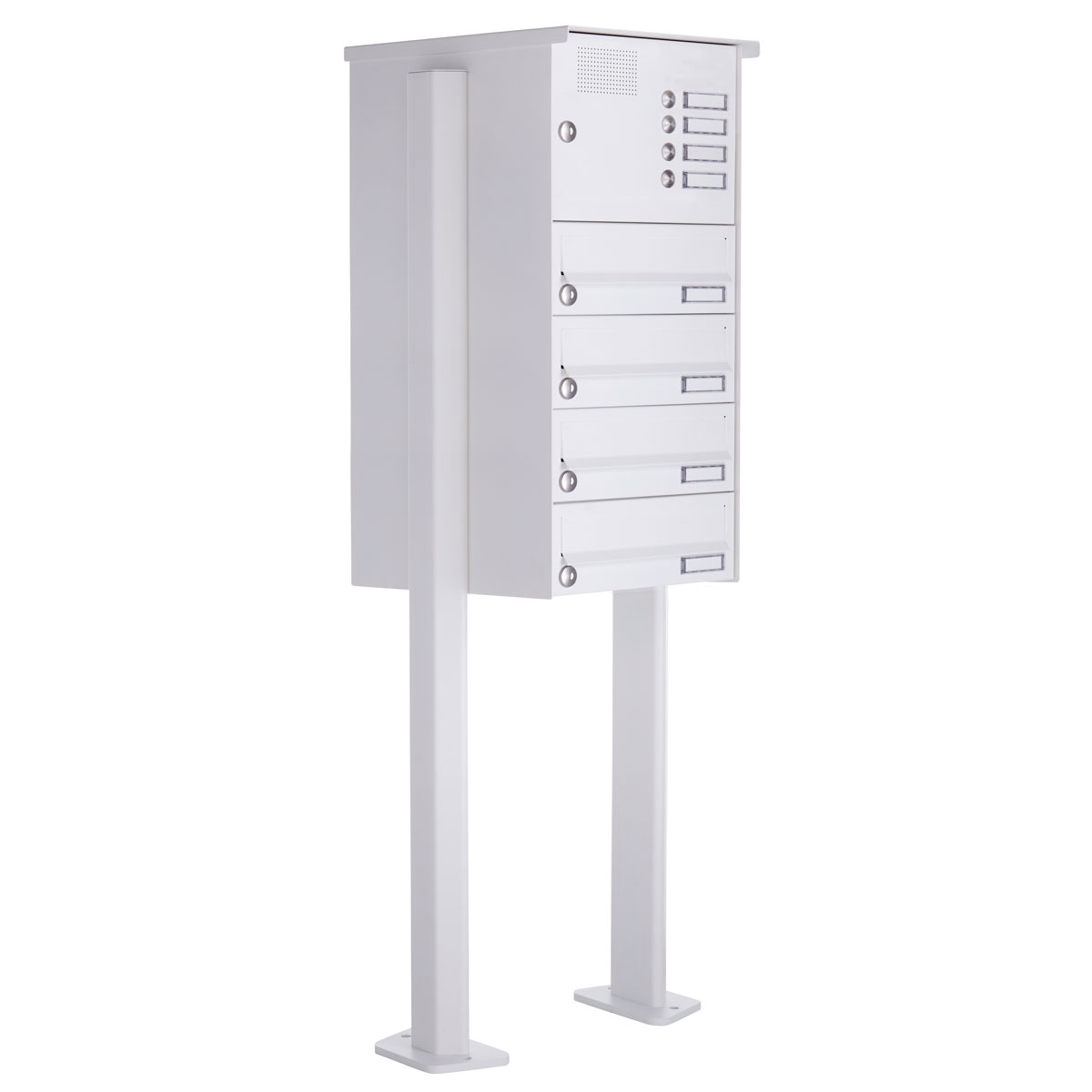 4er Standbriefkasten Design BASIC 385P-9016 ST-T mit Klingelkasten - RAL 9016 verkehrsweiß