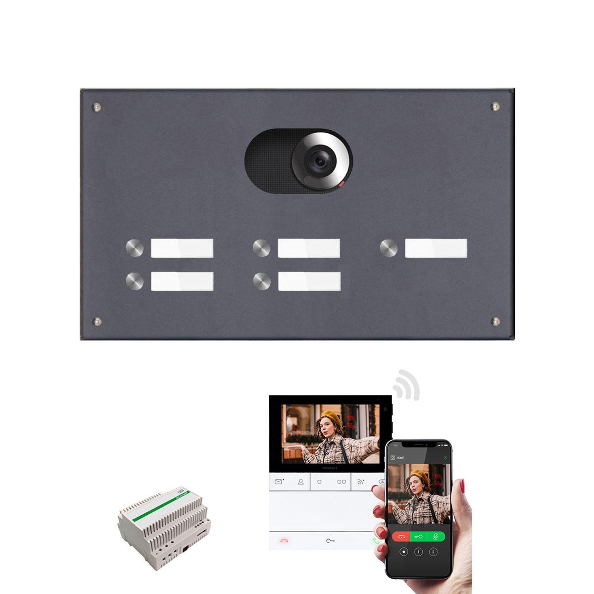 Stainless steel cover 370x220 for 5 party with Comelit complete video set Wifi, RAL of your choice Stainless steel cover 370x220 for 5 party with Comelit complete video set Wifi, RAL of your choice
