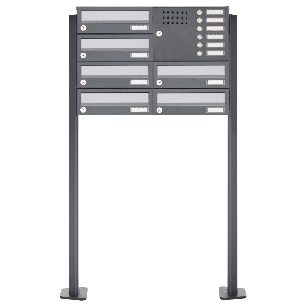 6er 3x2 Standbriefkasten Design BASIC 385P ST-T mit Klingelkasten - Edelstahl-RAL 7016 anthrazit