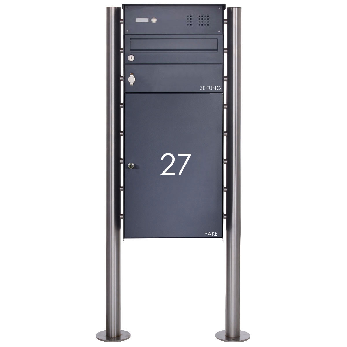Stainless steel free-standing letterbox BASIC Plus 863X ST-R with bell box, newspaper compartment & parcel compartment 550x370 - RAL of your choice Stainless steel free-standing letterbox BASIC Plus 863X ST-R with bell box, newspaper compartment & parcel compartment 550x370 - RAL of your choice