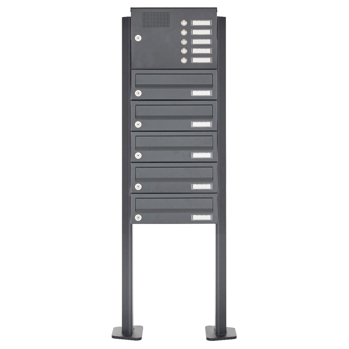 5 letterbox system freestanding Design BASIC 385P-7016-SP with doorbell intercom incl. side cladding & rain cover - horizontal letterboxes - anthracite grey RAL 7016 5 letterbox system freestanding Design BASIC 385P-7016-SP with doorbell intercom incl. side cladding & rain cover - horizontal letterboxes - anthracite grey RAL 7016