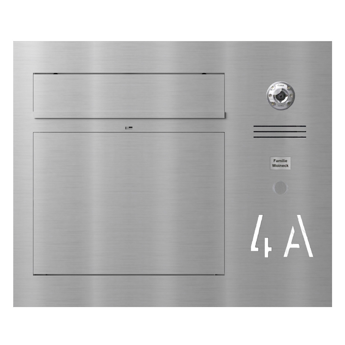 Design flush-mounted letterbox GRIMM - polished stainless steel with preparation for camera and intercom on the right Design flush-mounted letterbox GRIMM - polished stainless steel with preparation for camera and intercom on the right
