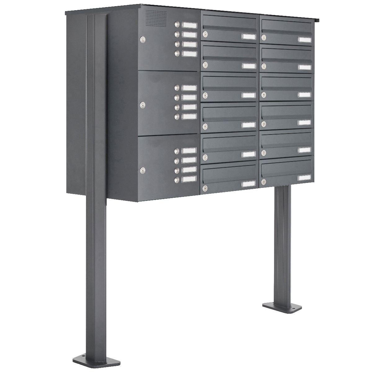 12er Briefkastenanlage freistehend Design BASIC 385P-7016-SP mit Klingel- Sprechteil inkl. Seitenverkleidung & Regendach - Briefkästen waagerecht - Anthrazit-Grau RAL 7016