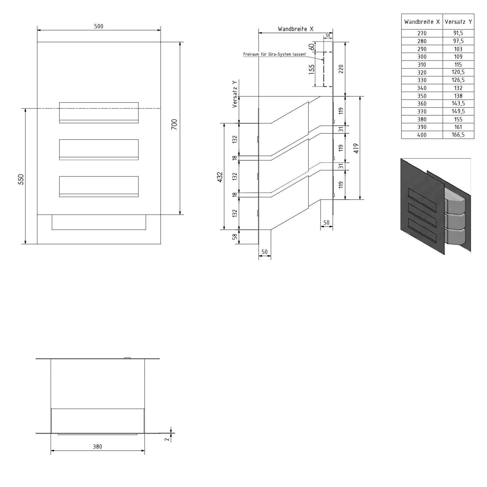 3-piece stainless steel wall-mounted letterbox designer model - GIRA System 106 - 3-gang prepared 3-piece stainless steel wall-mounted letterbox designer model - GIRA System 106 - 3-gang prepared