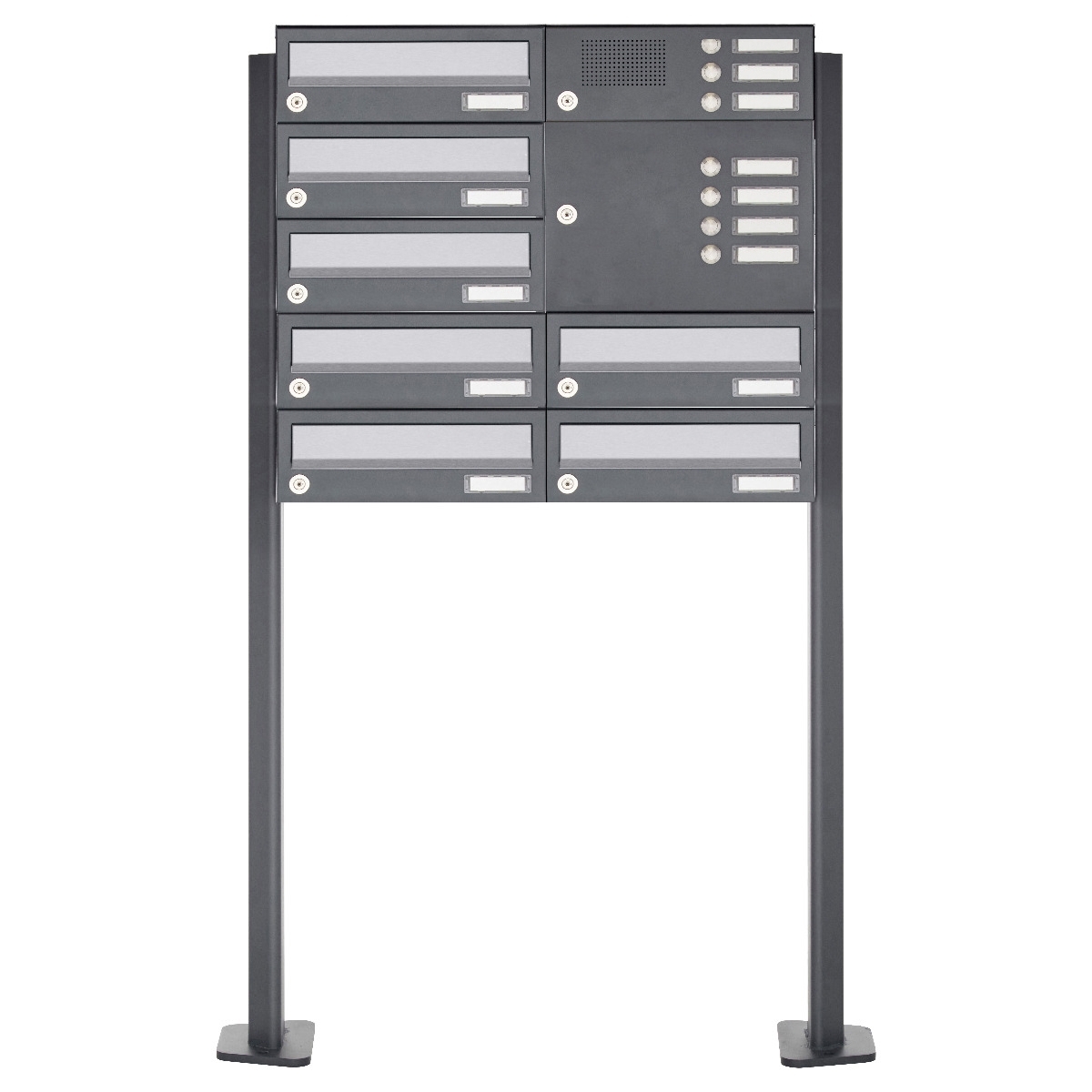 7er Standbriefkasten Design BASIC 385P ST-T mit Klingelkasten - Edelstahl-RAL 7016 anthrazit 7er Standbriefkasten Design BASIC 385P ST-T mit Klingelkasten - Edelstahl-RAL 7016 anthrazit