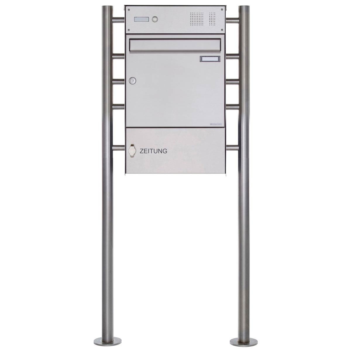 1-post letterbox Design BASIC Plus 381X ST-R with bell box & newspaper compartment closed - stainless steel 1-post letterbox Design BASIC Plus 381X ST-R with bell box & newspaper compartment closed - stainless steel