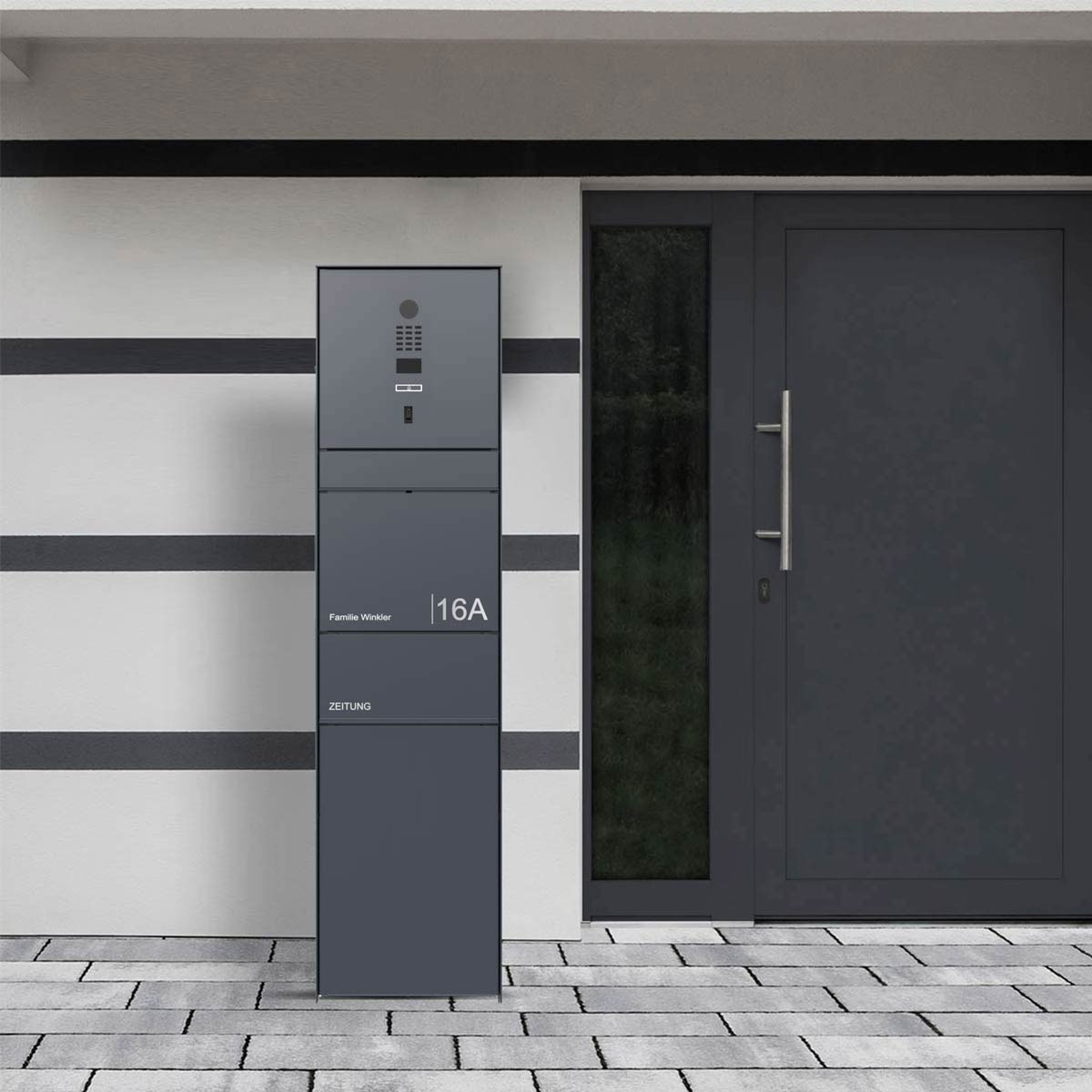 Design letterbox pedestal GOETHE with newspaper compartment - RAL of your choice - DoorBird video intercom system Design letterbox pedestal GOETHE with newspaper compartment - RAL of your choice - DoorBird video intercom system
