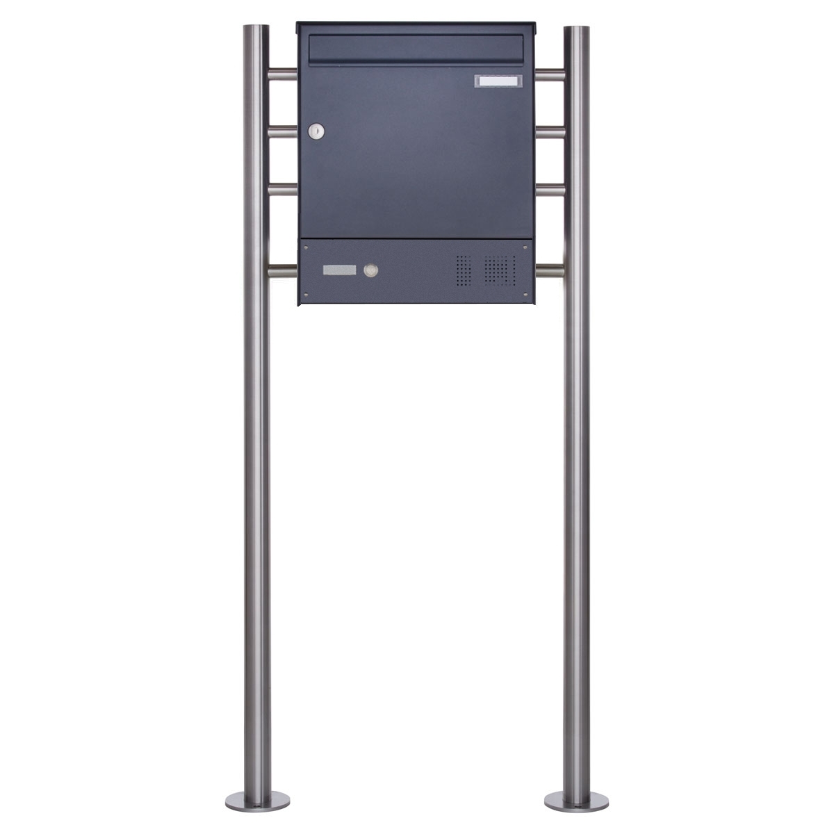 1er Edelstahl Standbriefkasten Design BASIC Plus 381X ST-R  mit Klingelkasten - RAL nach Wahl