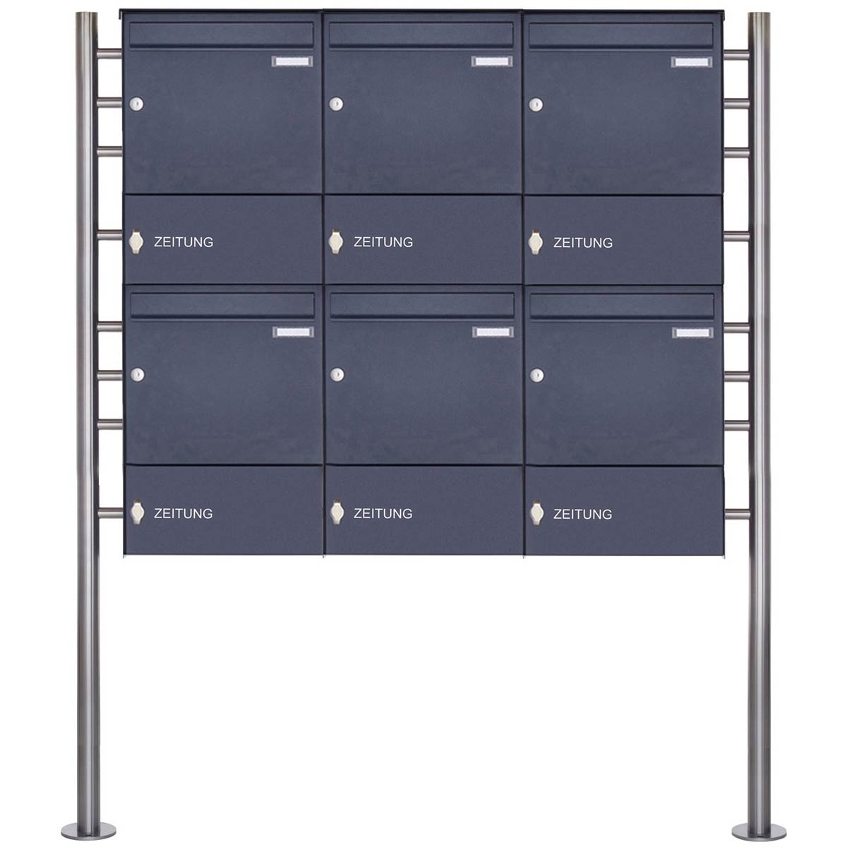 6er 2x3 Standbriefkasten Design BASIC 381 ST-R mit Zeitungsfach geschlossen - RAL 7016 anthrazitgrau