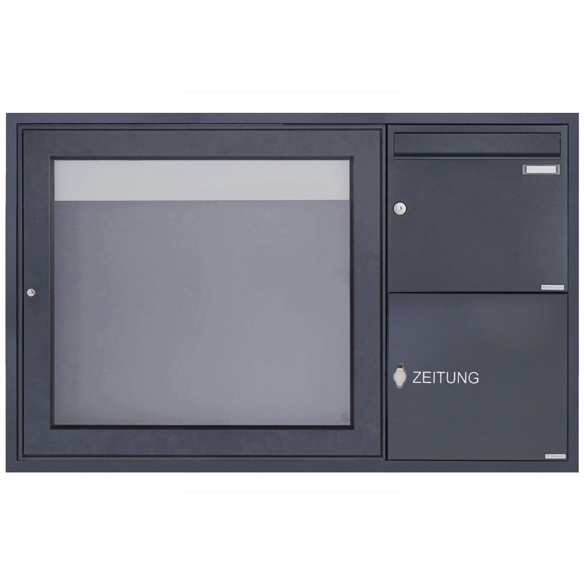 Flush-mounted letterbox with newspaper compartment & display case BASIC Plus 389 UP - 710x660 - RAL of your choice Flush-mounted letterbox with newspaper compartment & display case BASIC Plus 389 UP - 710x660 - RAL of your choice