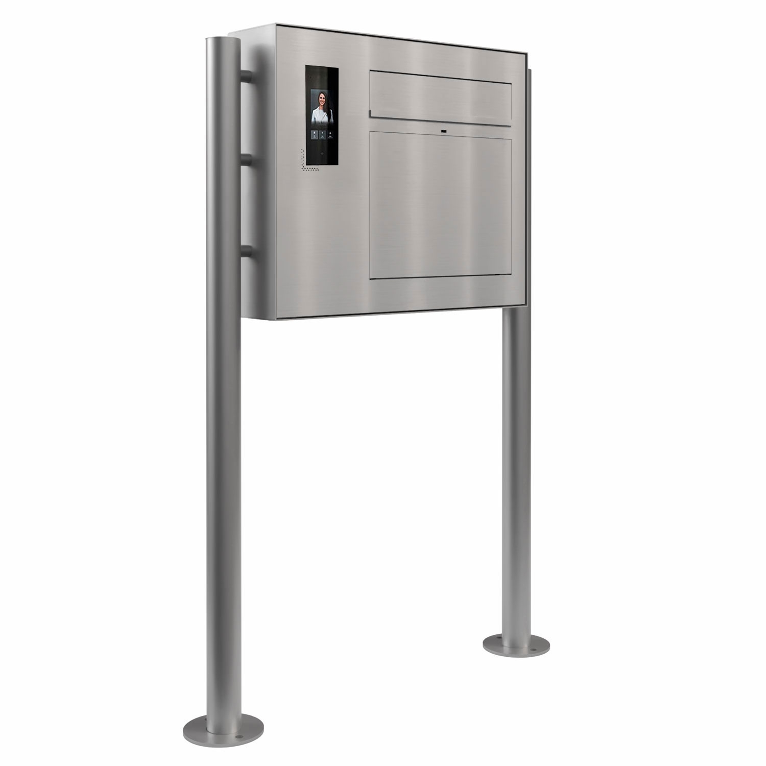 Design Standbriefkasten GRIMM - Edelstahl geschliffen mit Ekinex Dico IP-Videosprechanlage links