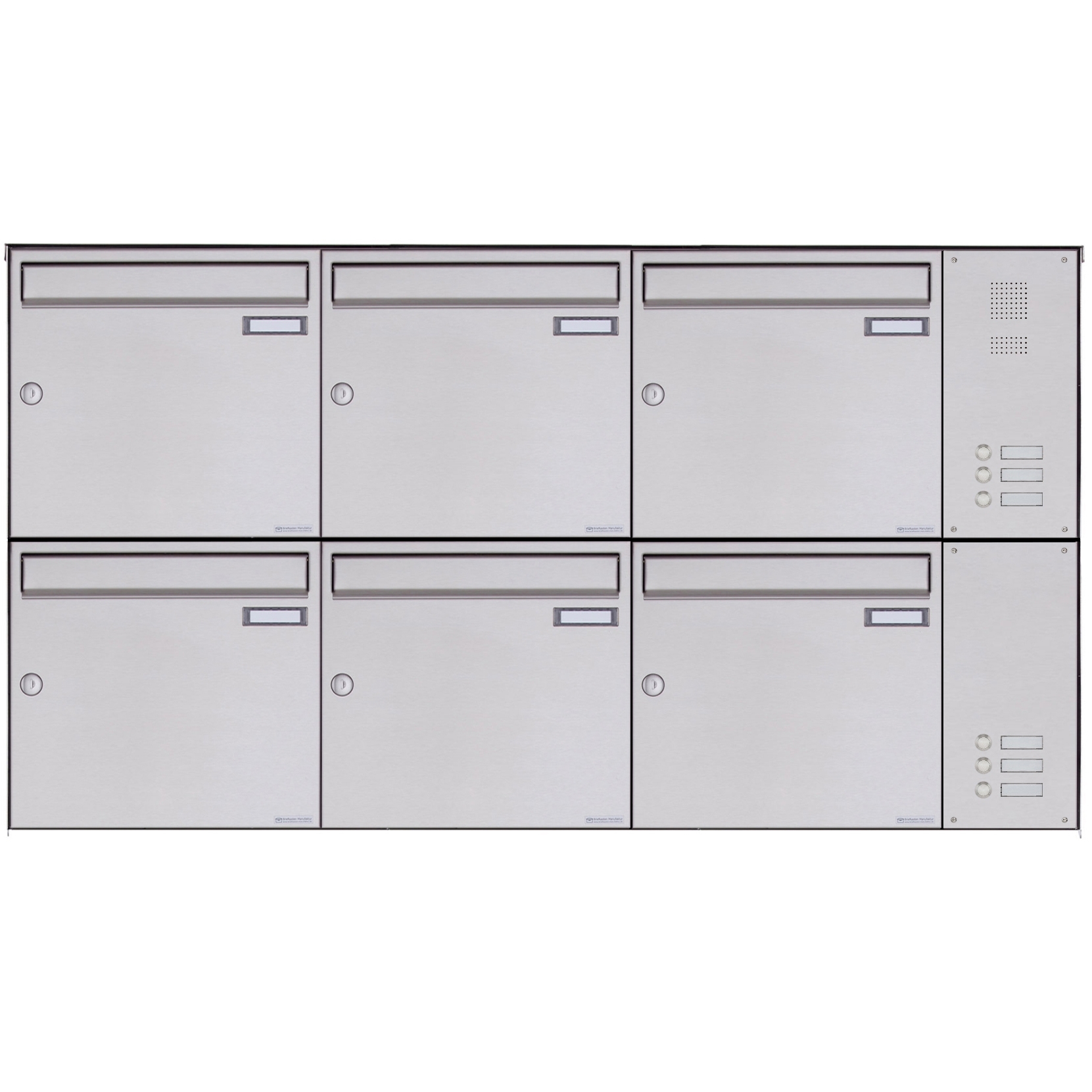 6er Edelstahl Aufputz Briefkasten BASIC Plus 382X AP mit Klingelkasten seitlich 6er Edelstahl Aufputz Briefkasten BASIC Plus 382X AP mit Klingelkasten seitlich