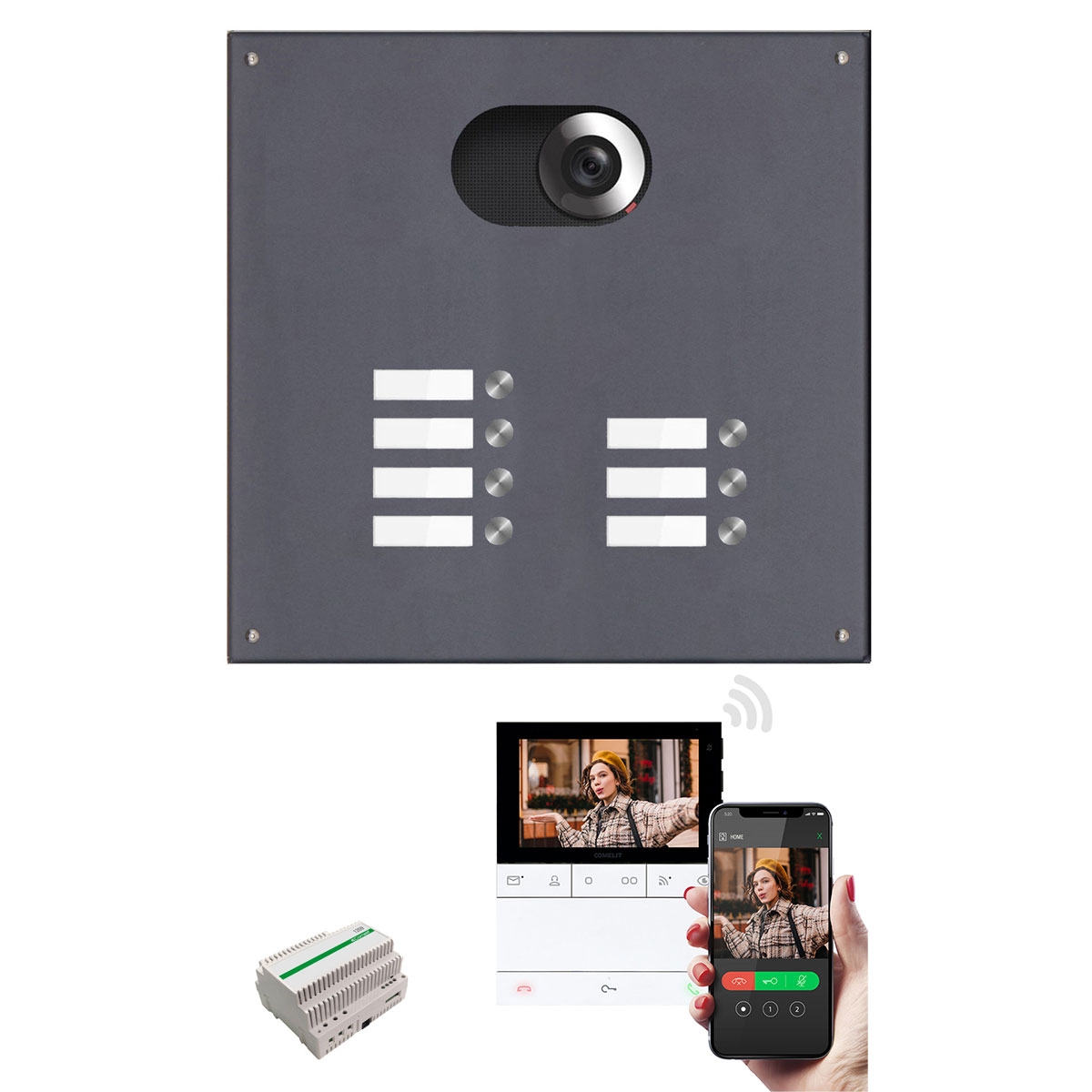 Edelstahl-Blende 355x100 für 7 Partei, RAL 7016 FS m. Comelit Video-Komplettset Wifi Edelstahl-Blende 355x100 für 7 Partei, RAL 7016 FS m. Comelit Video-Komplettset Wifi