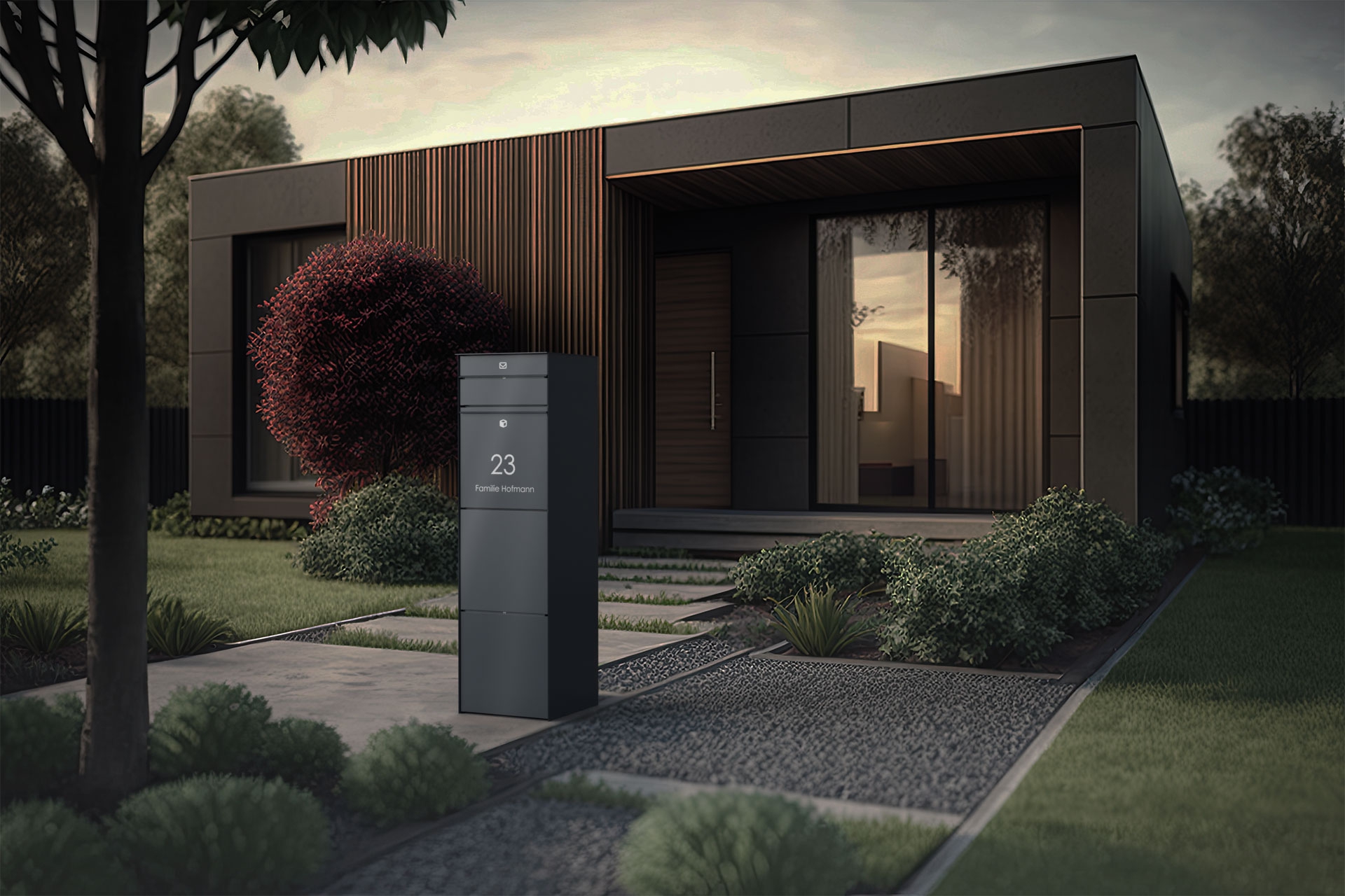 Freestanding design parcel box GOETHE with 1 letterbox - lock system - RAL of your choice Freestanding design parcel box GOETHE with 1 letterbox - lock system - RAL of your choice