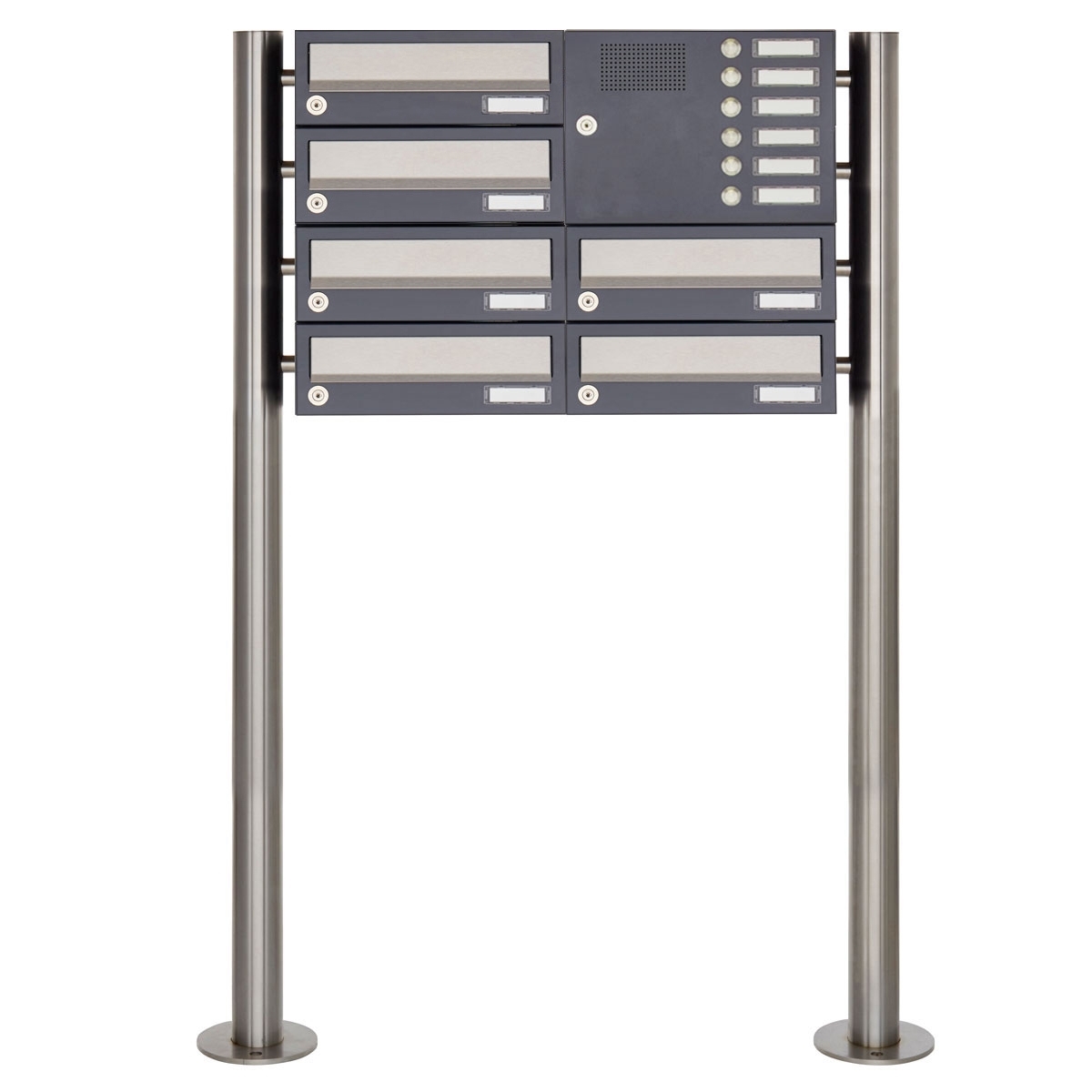 6er Standbriefkasten Design BASIC 385 ST-R mit Klingelkasten - Edelstahl-RAL 7016 anthrazitgrau 6er Standbriefkasten Design BASIC 385 ST-R mit Klingelkasten - Edelstahl-RAL 7016 anthrazitgrau