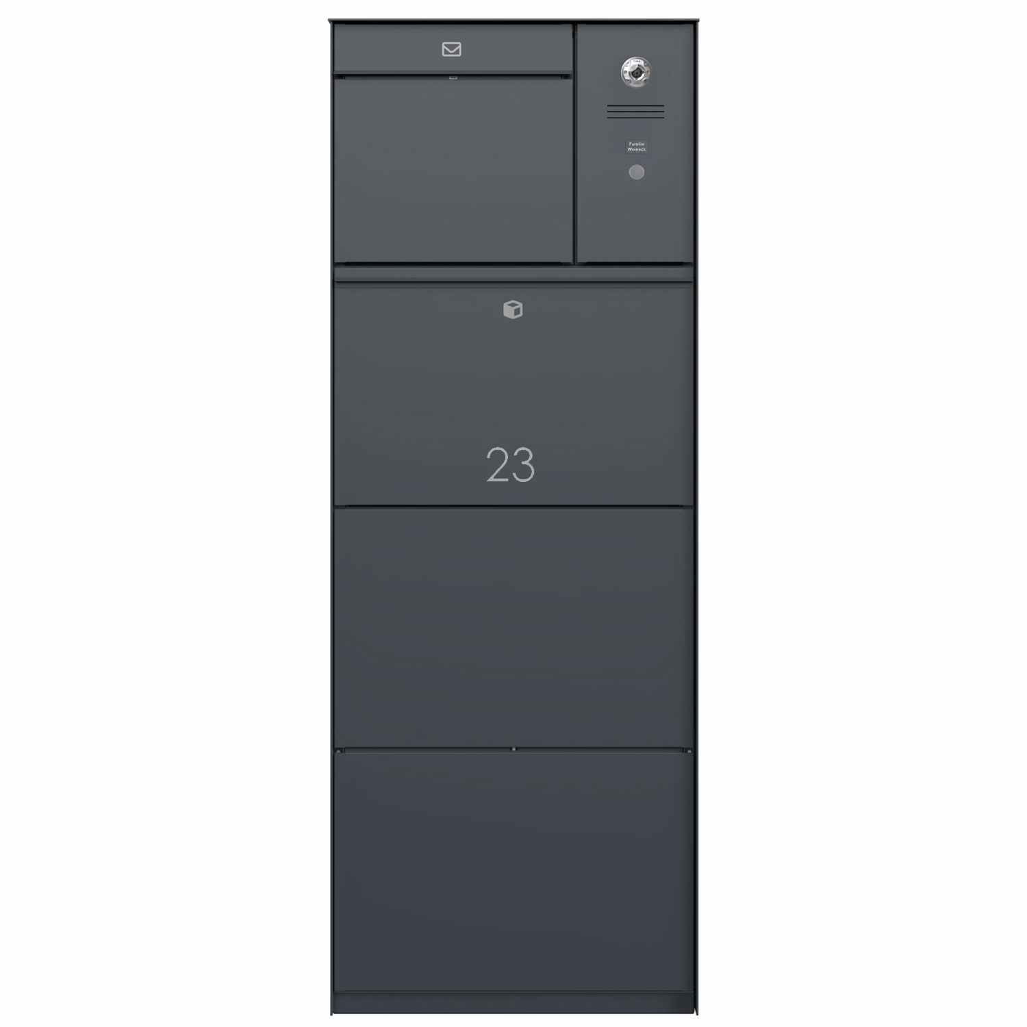 Freistehende XXL Paketbox GOETHE mit 1 Briefkasten und Vorbereitung für Kamera und Sprechanlage rechts - Schleusensystem - RAL nach Wahl Freistehende XXL Paketbox GOETHE mit 1 Briefkasten und Vorbereitung für Kamera und Sprechanlage rechts - Schleusensystem - RAL nach Wahl