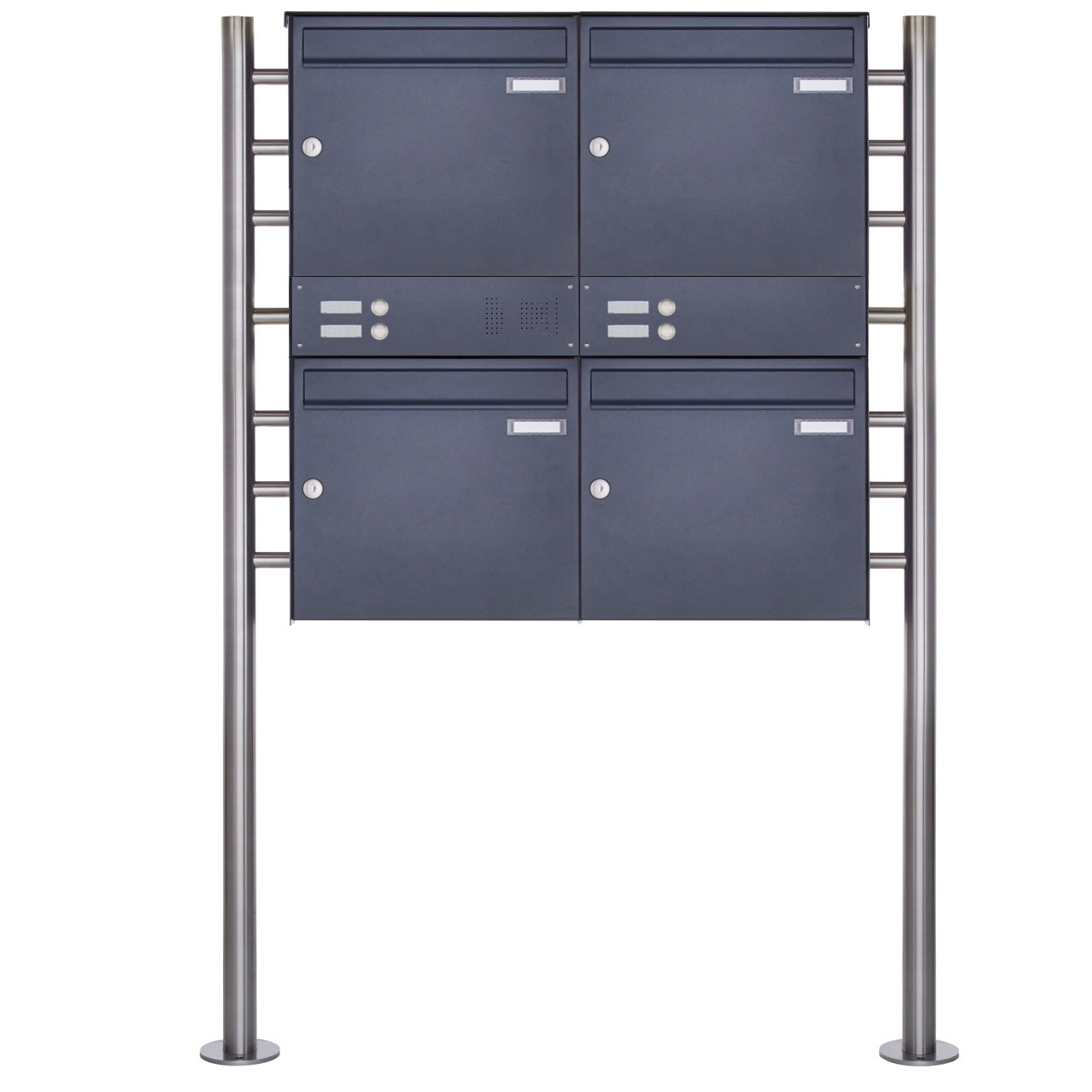 4er 2x2 stainless steel free-standing letterbox Design BASIC Plus 381X ST-R with bell box - RAL of your choice